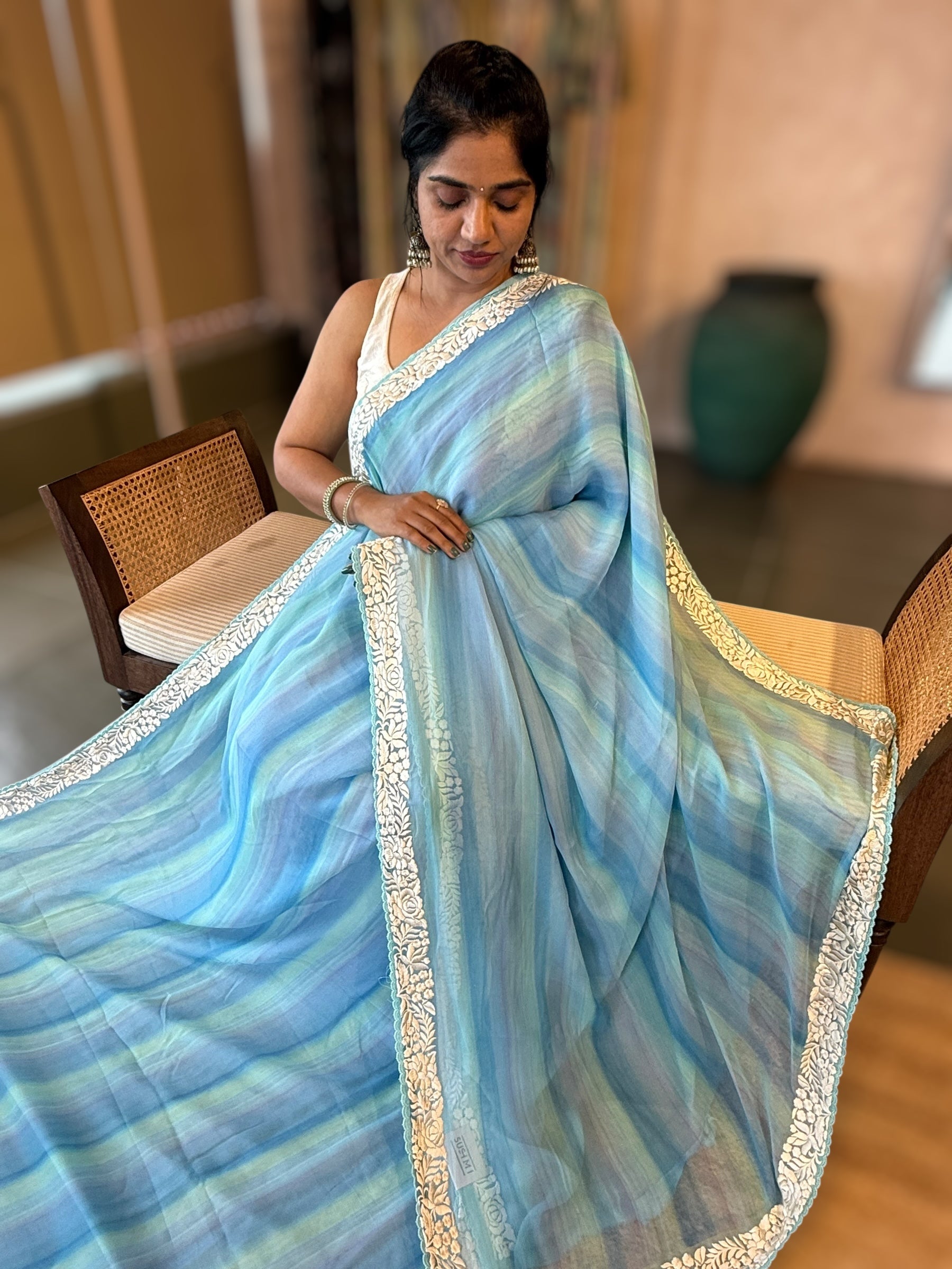 Pure Chiffon Saree with Ombre Brush dyeing & Parsi Gara Embroidered Border