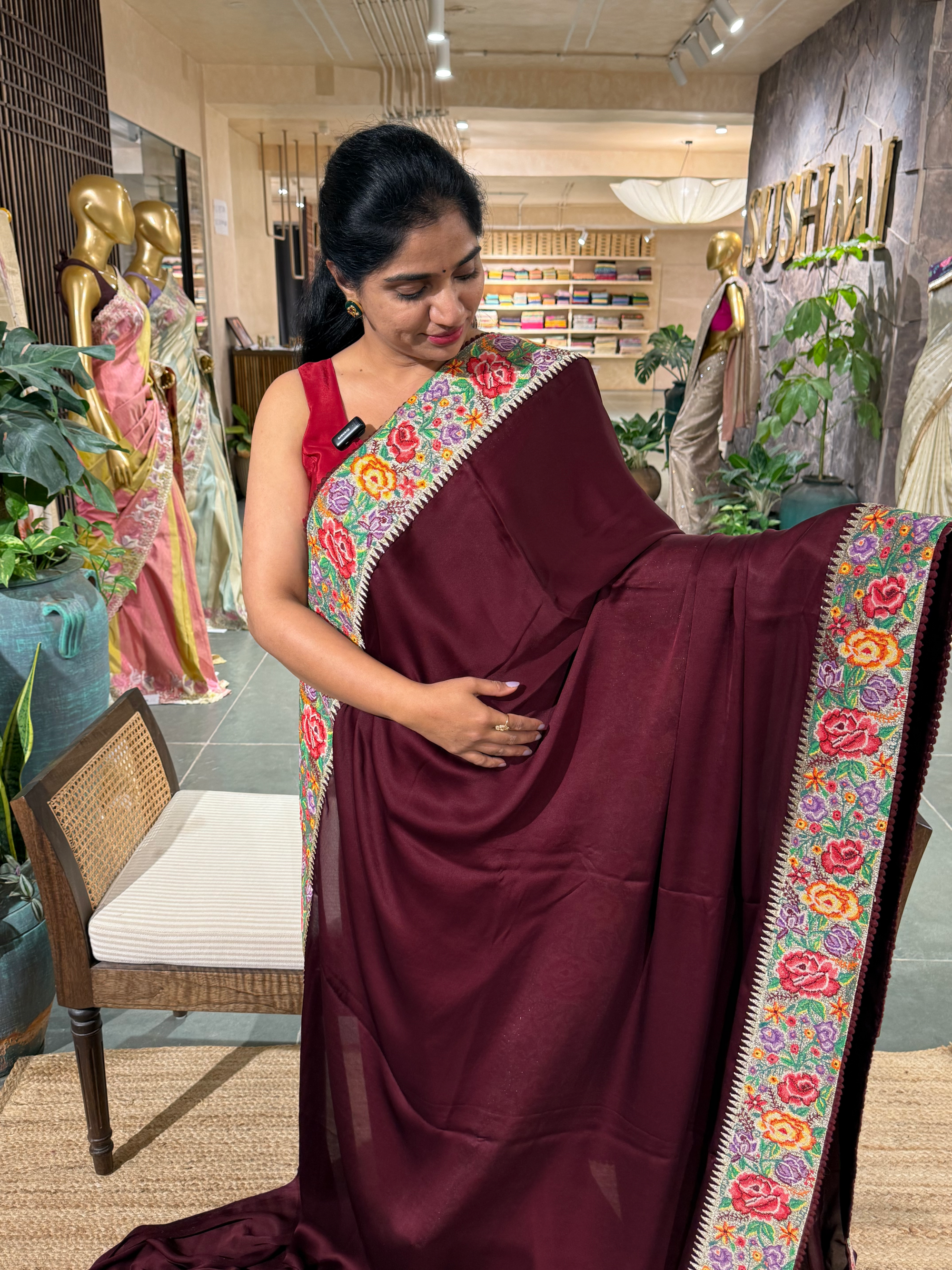 Burgundy Pure Satin Crepe Silk Saree with Petite Point Embroidered Border.