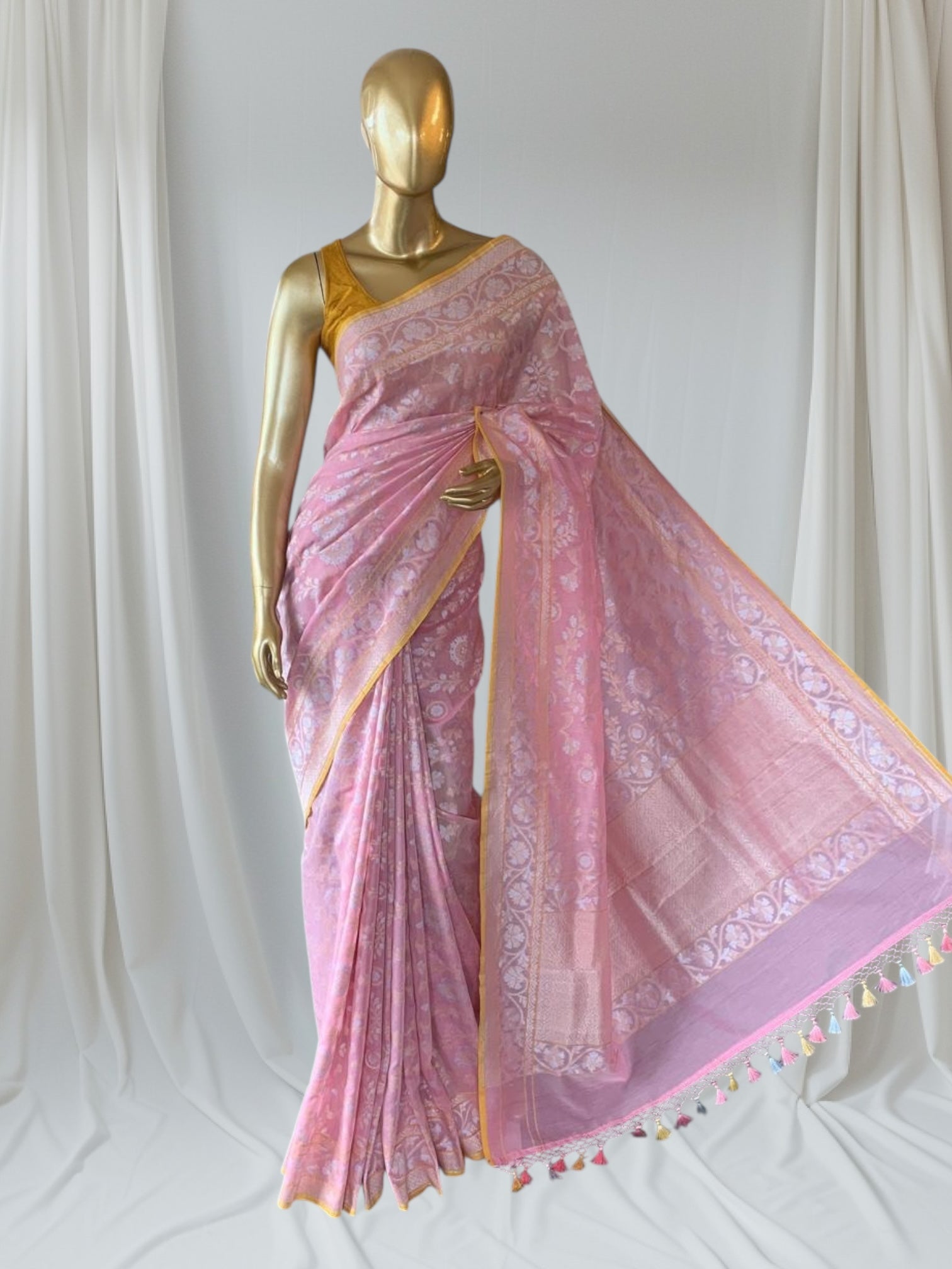 Pastel Pink Banarasi Handloom Cotton  Cut Jamdani Saree With Allover Meenakari