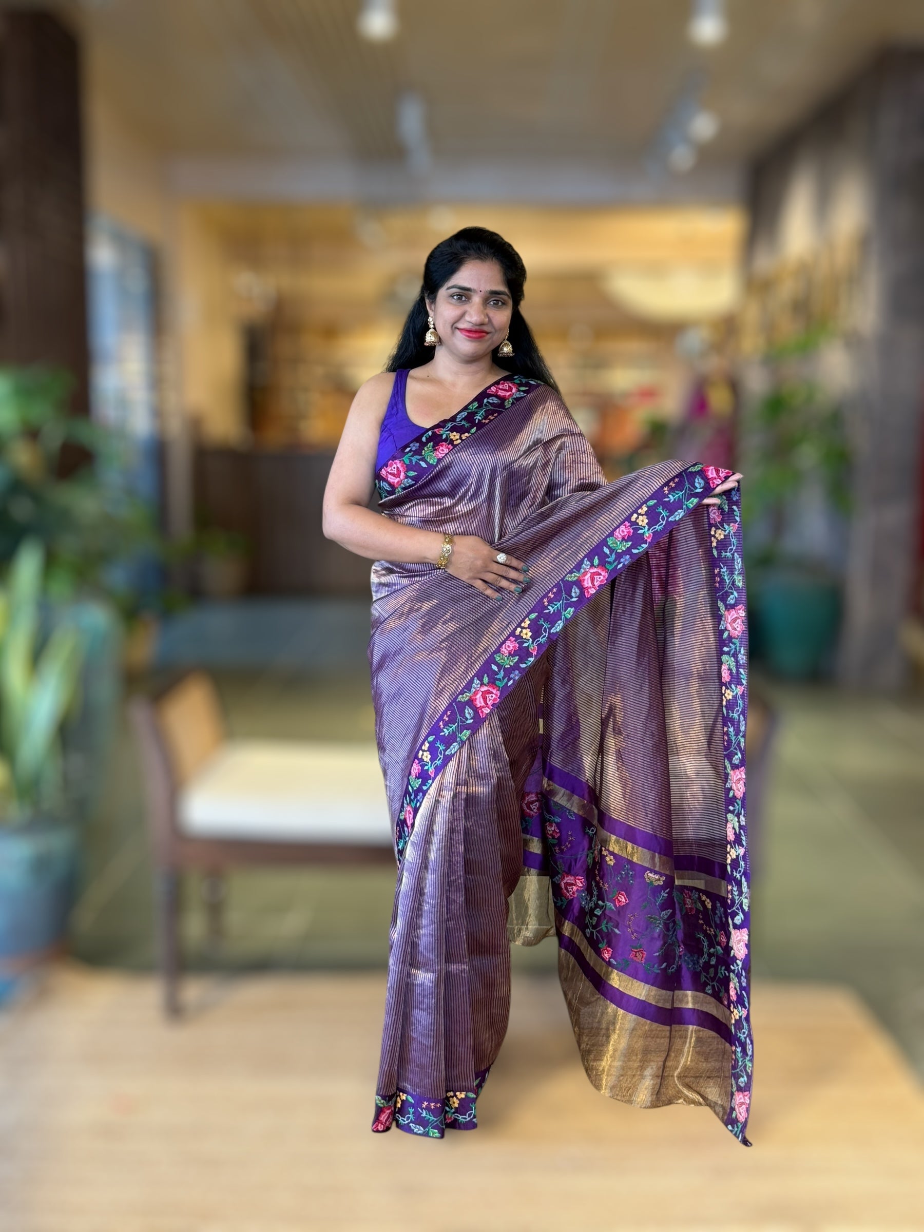 Violet Tissue Stripes Saree With  Petite Point Embroidered Border Pallu and BP