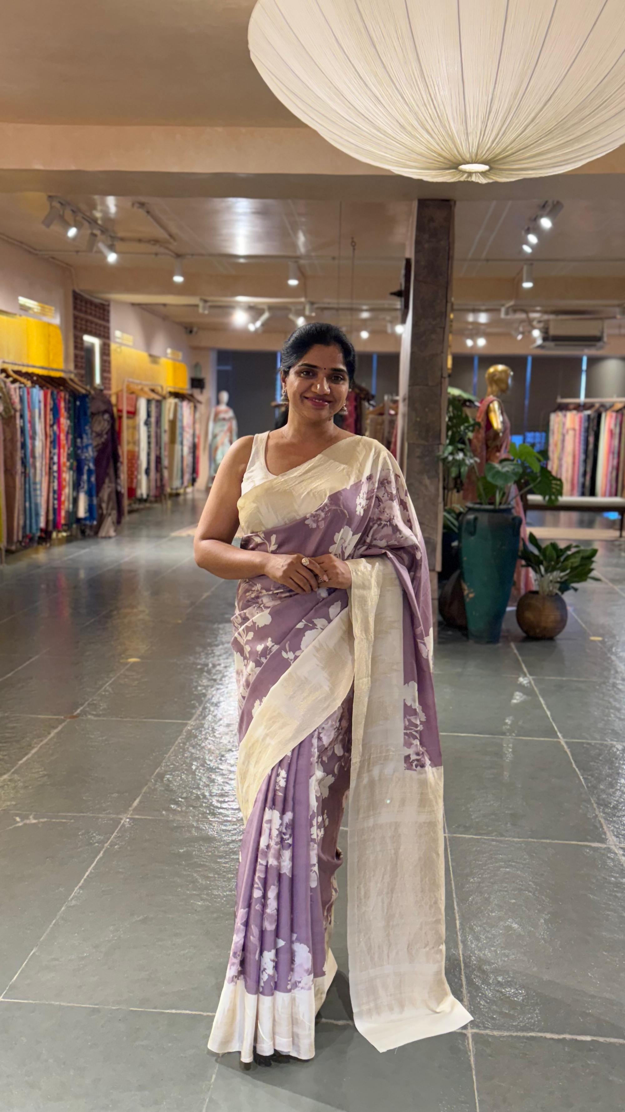 Mauve Printed Kanchi Silk soft drape Saree with temple borders