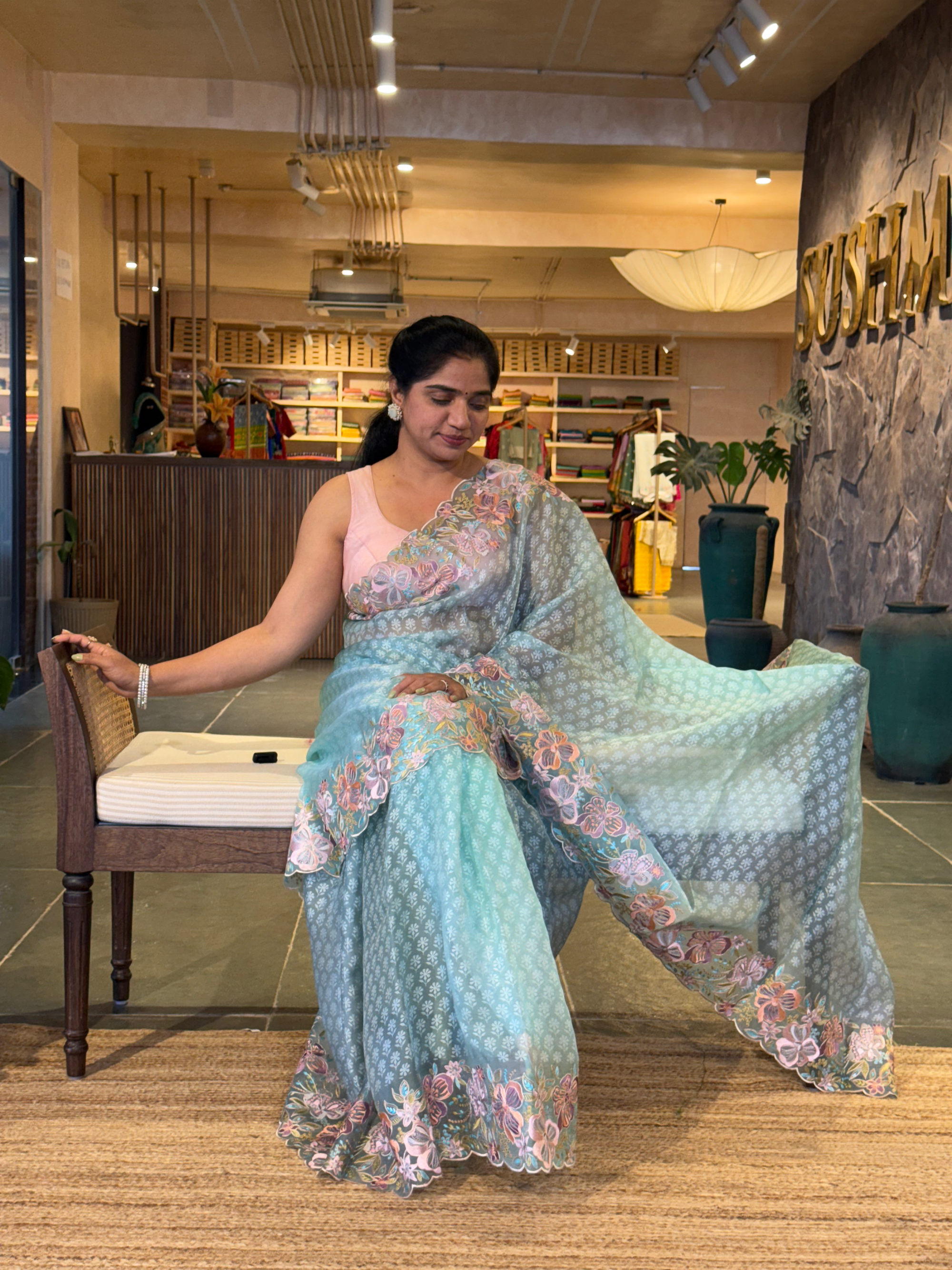 Blue Pure Organza Brasso Saree with Stunning Embroidered Border and Blouse