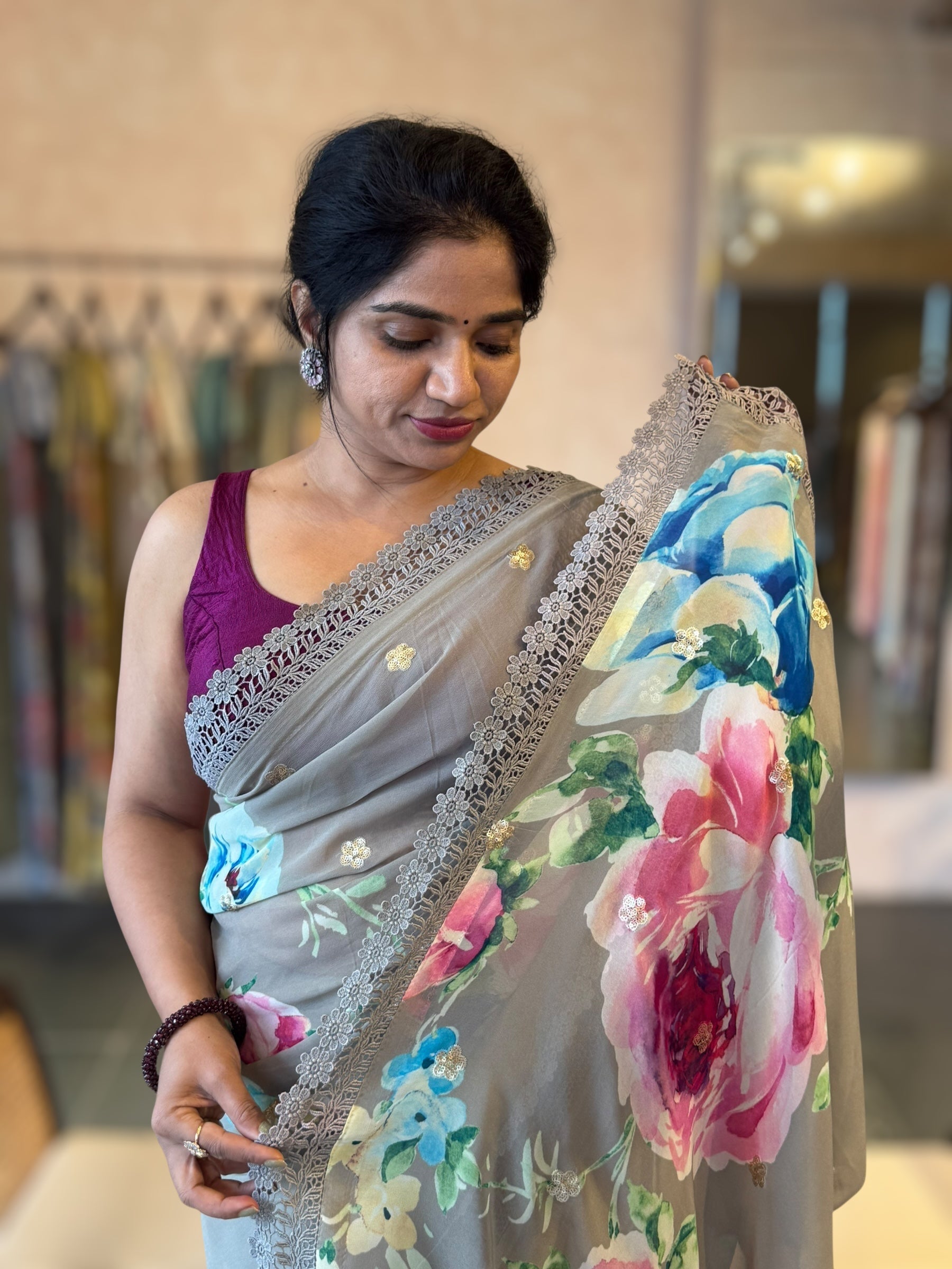 Olive Floral Gorgette Saree with Allover Sequence Floral