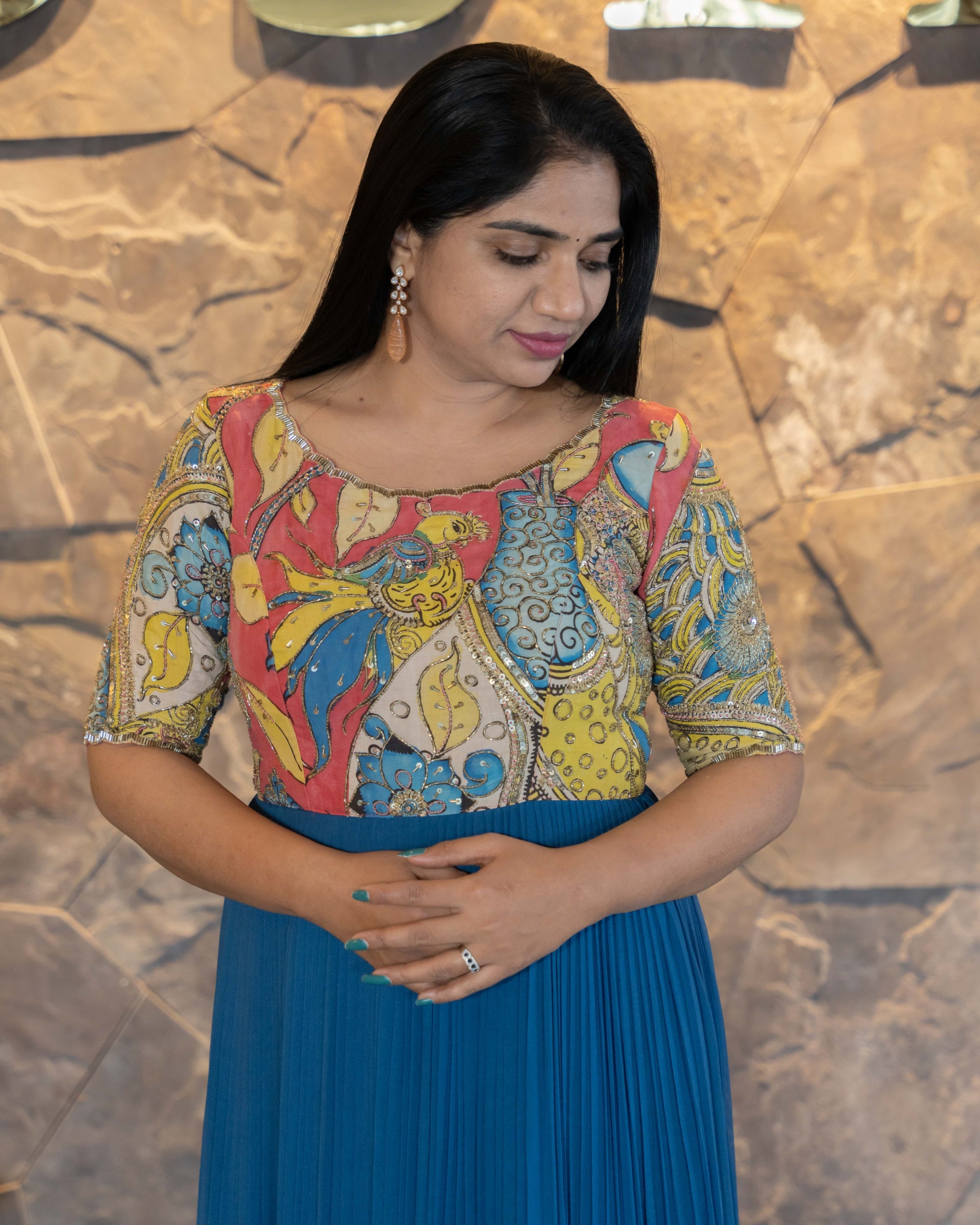Gorgette Long Frock with Pen kalamkari Handwork yoke