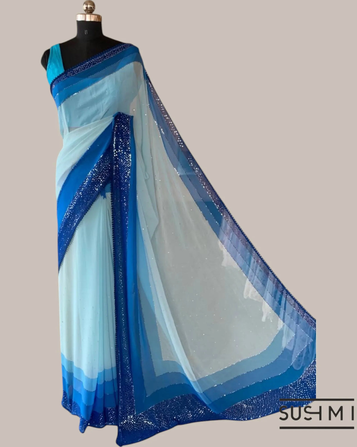 Pastel Blue Pure Gorgette Saree With Shaded Sequnce Border