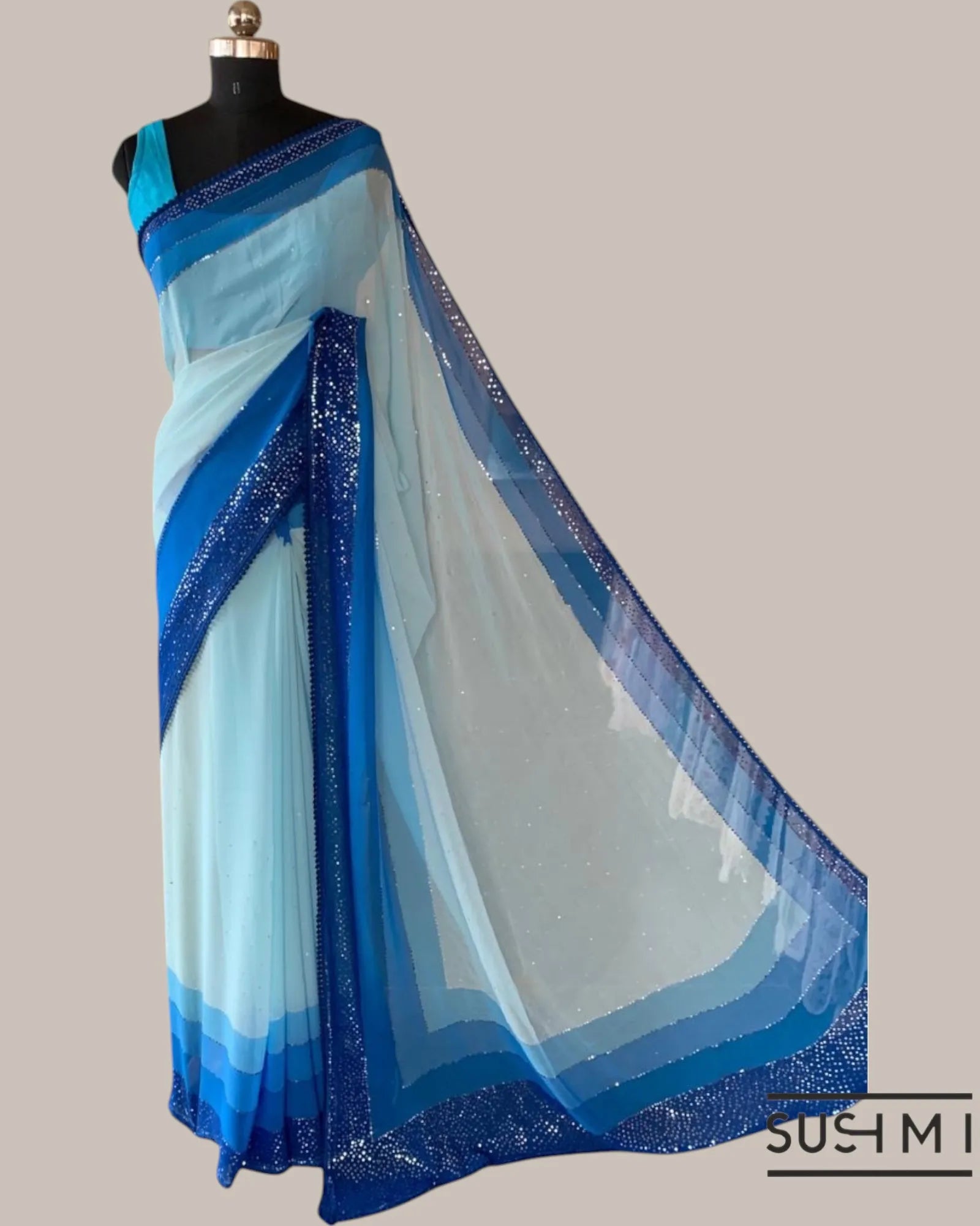 Pastel Blue Pure Gorgette Saree With Shaded Sequnce Border