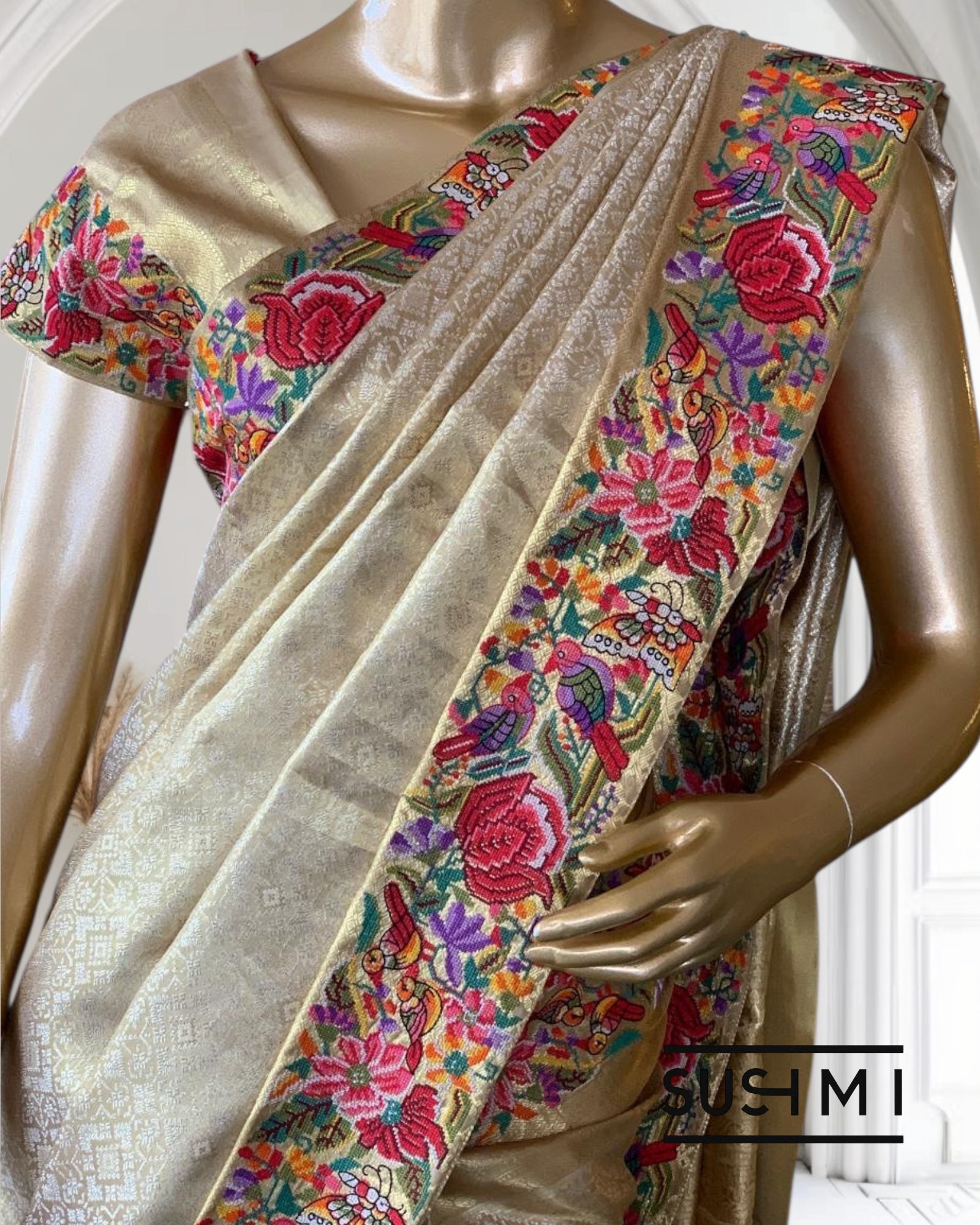 Pure Kanchi Tissue Brocade Saree with Petite Point Embroidery