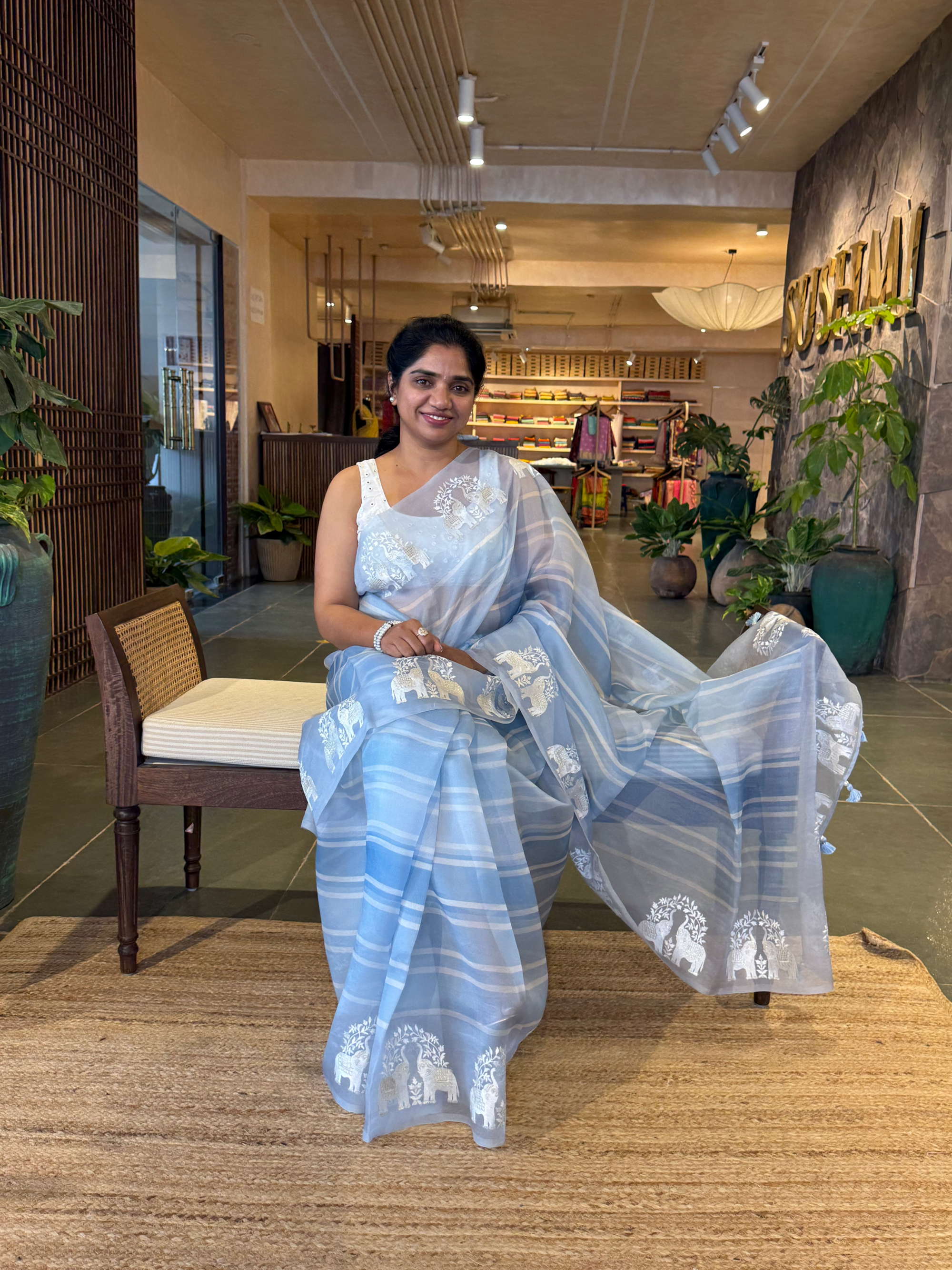 DOEA2701 Blue Shaded Pure Organza  Saree with Embroidery