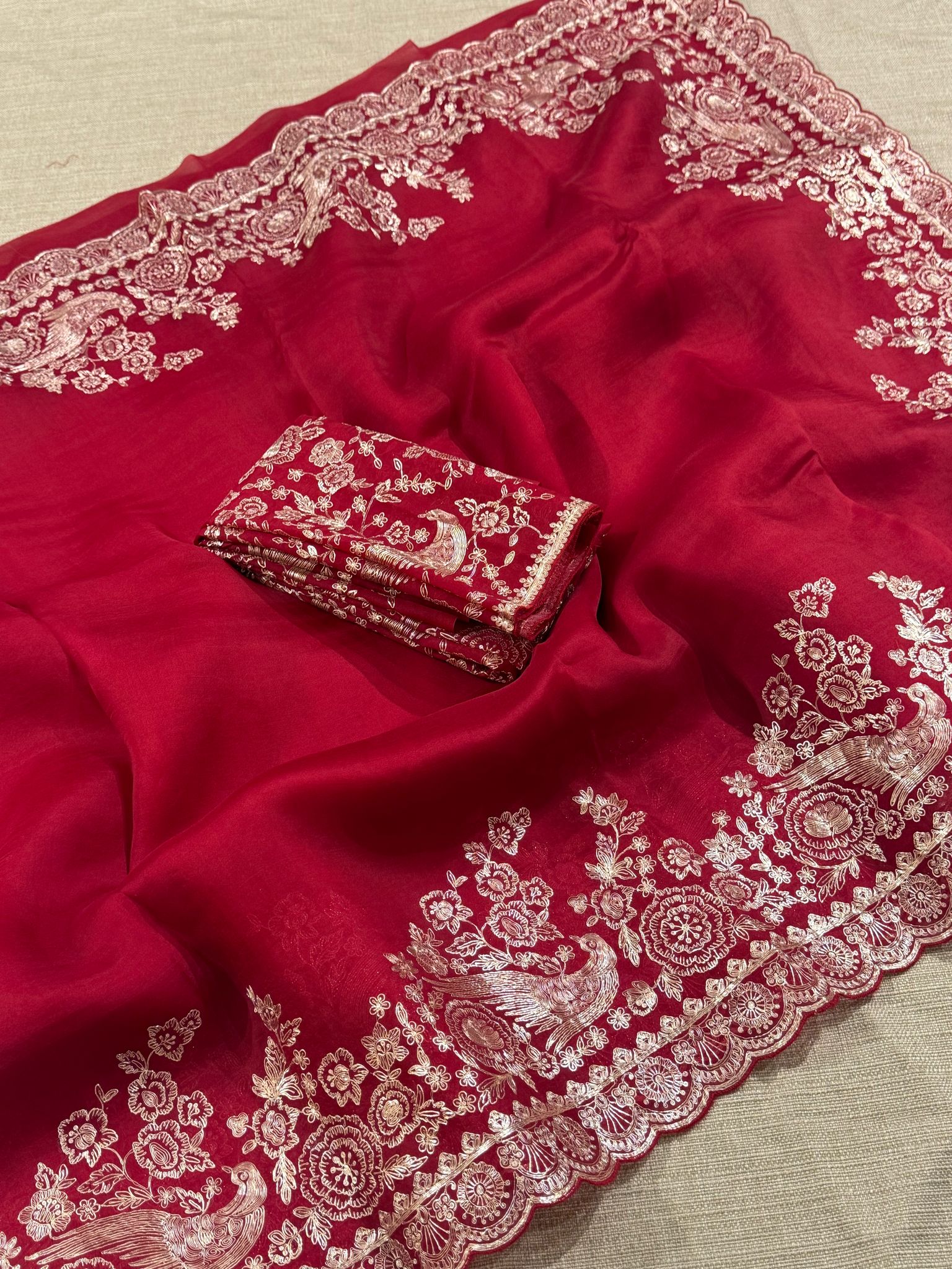 Meroonish Red  Pure organza Saree with pita emb