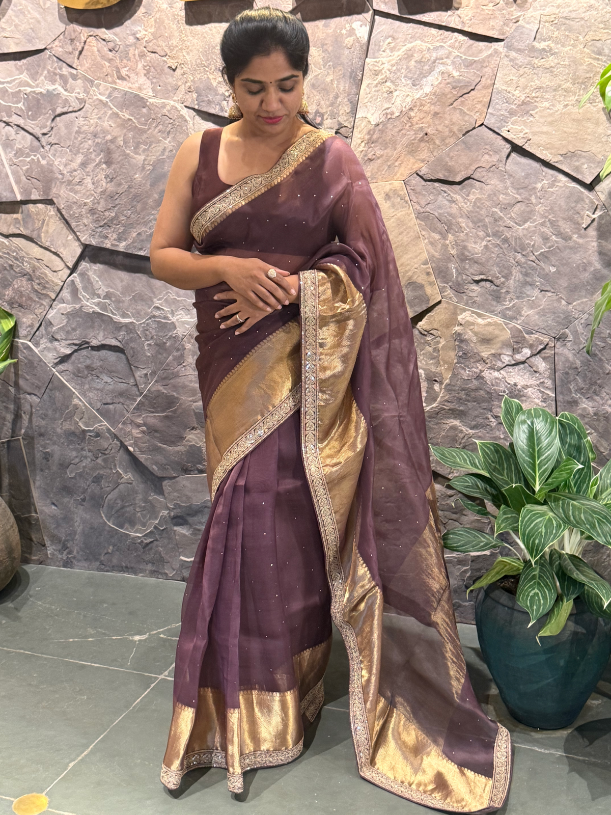 SK1091412ORG:Brownish Wine Kanchi Kora Saree with allover mukaish handwork