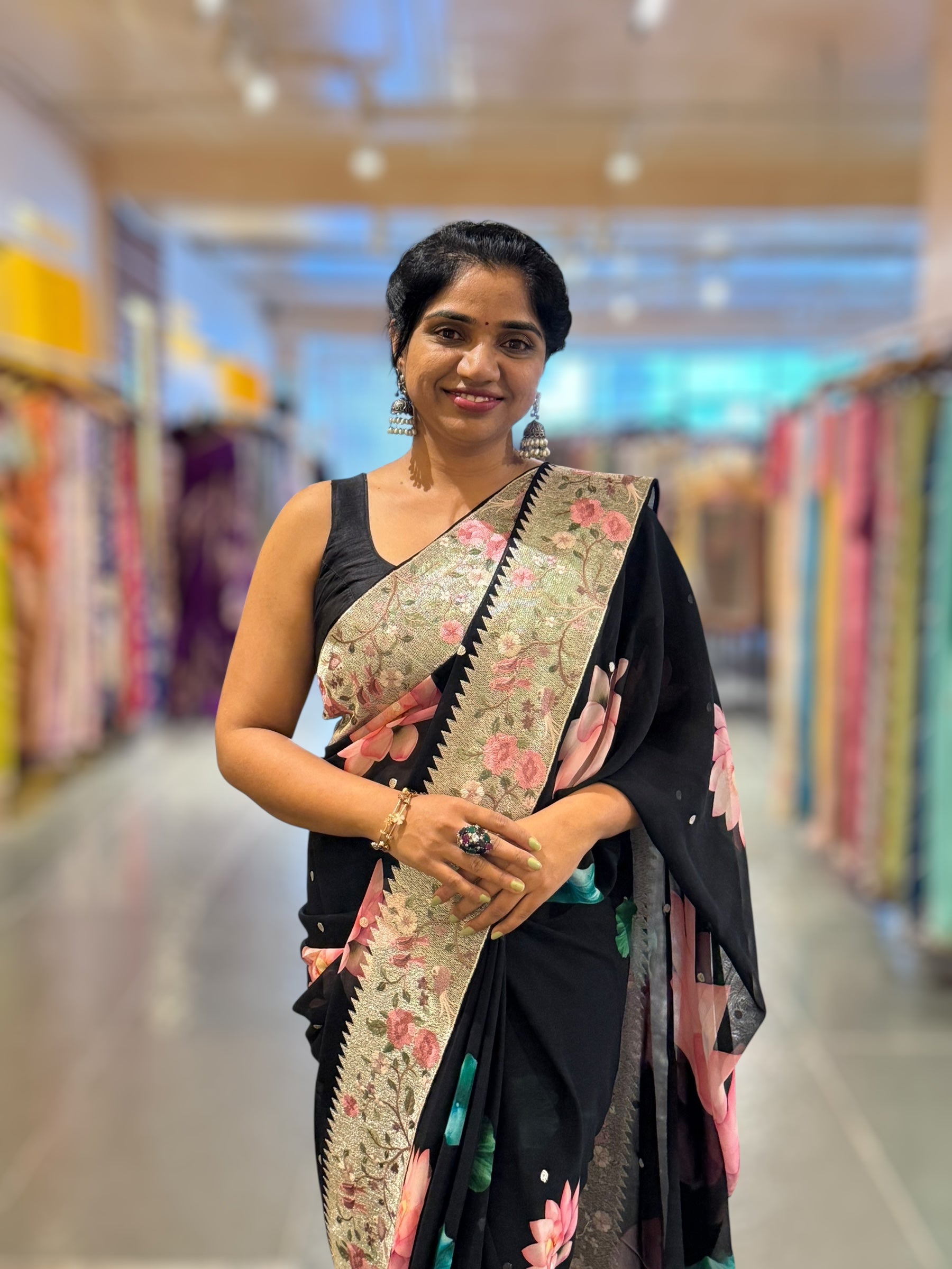 Black Printed Gorgette Saree With Tissue Embroider Border