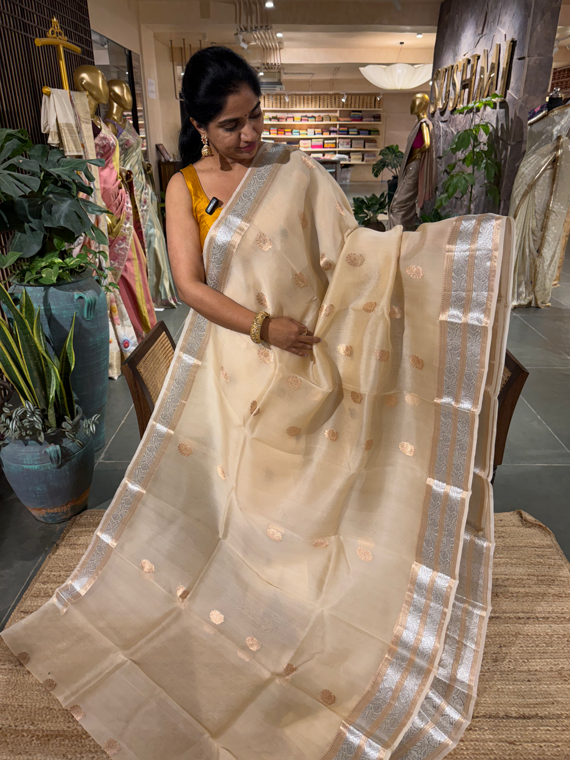 Beige Pure Handloom Kora Banarasi Saree with Gold and Silver  zari borders