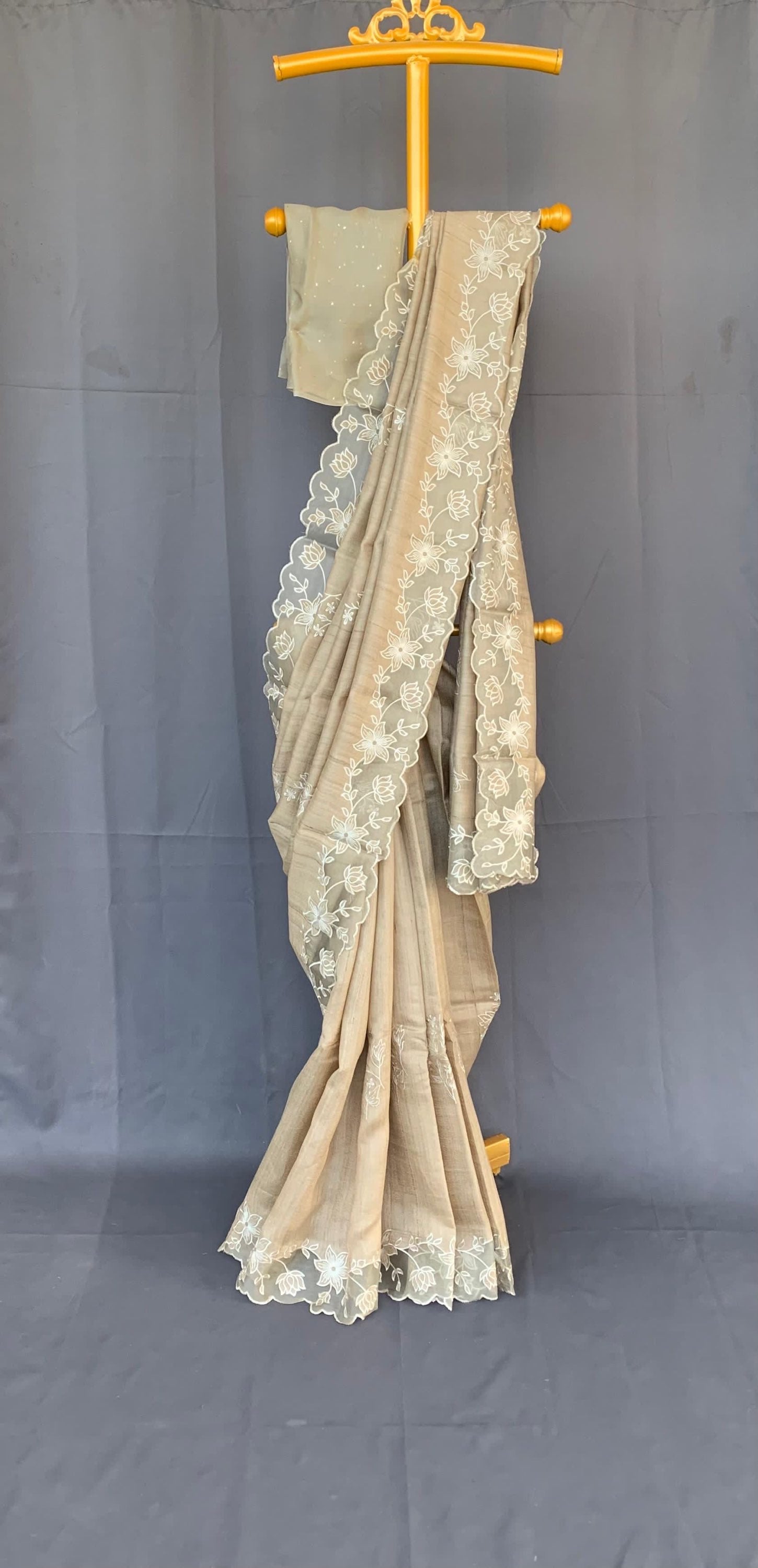Pure handloom Tussar Designer Saree with Organza Applique Cutwork Border