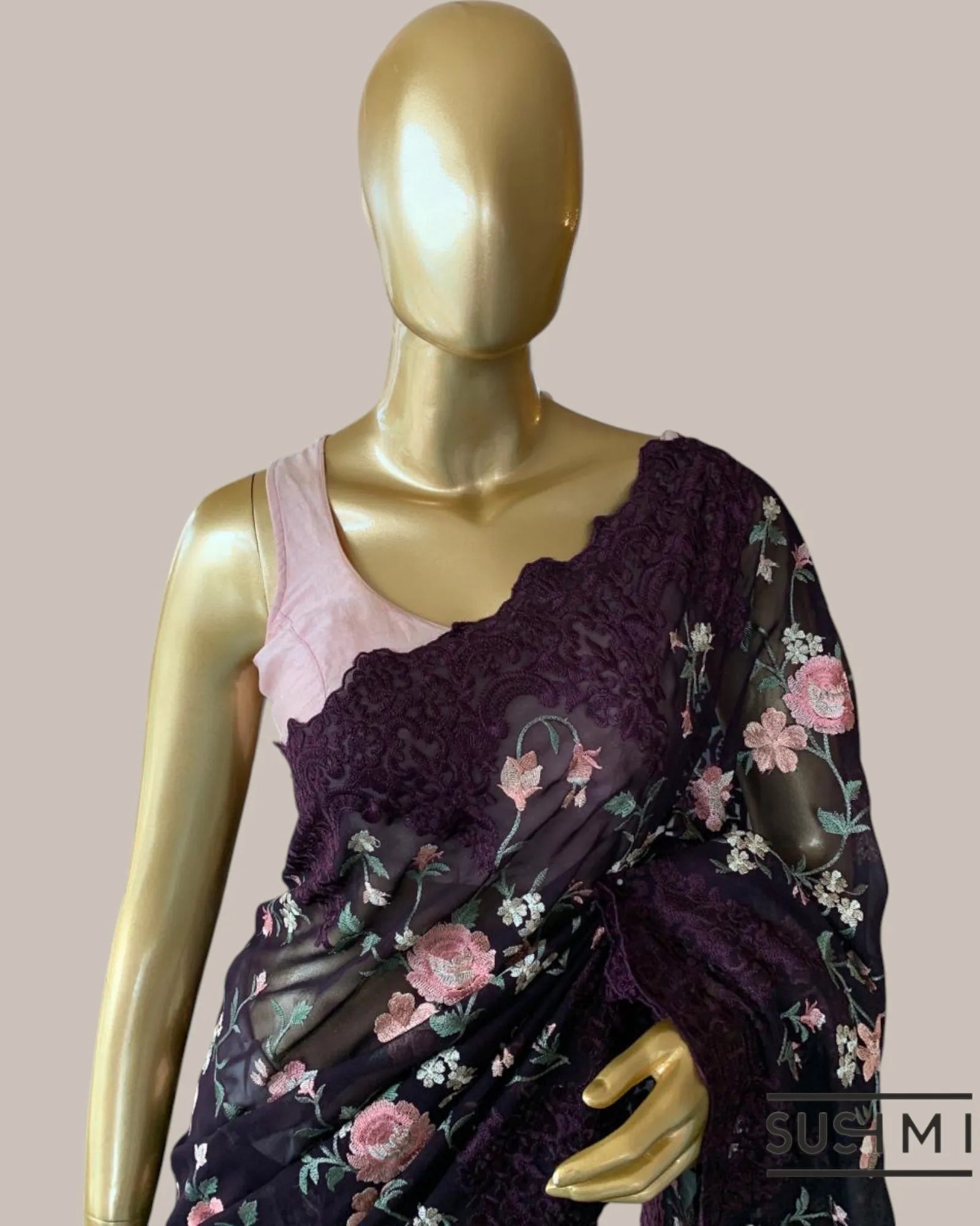 Wine Pure Gorgette Saree With Petite Point Style Allover Embroidery   Original p