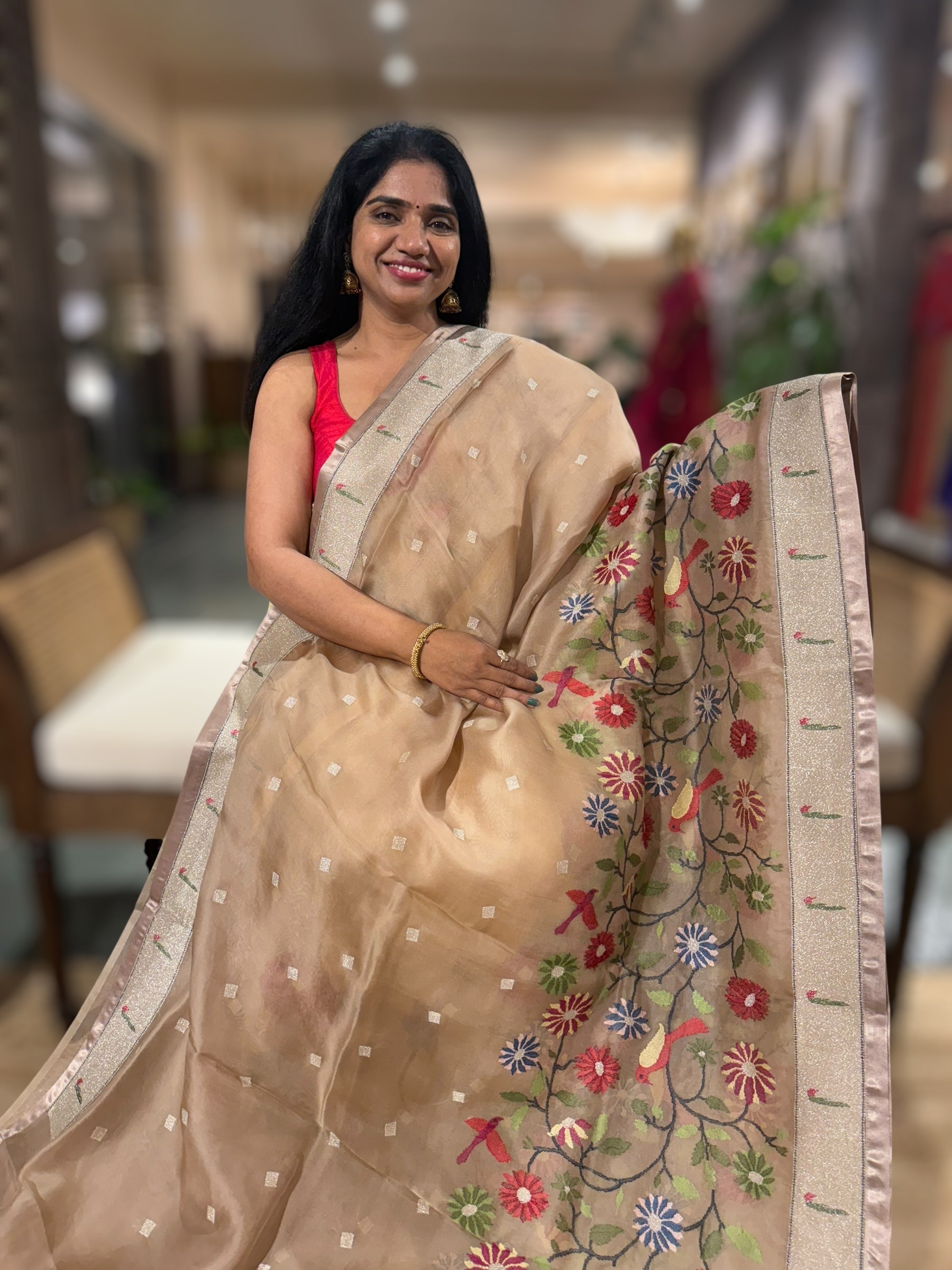 Pastel Emglish Brown Organza Silk Saree With Jamdani Inspired Embroidery