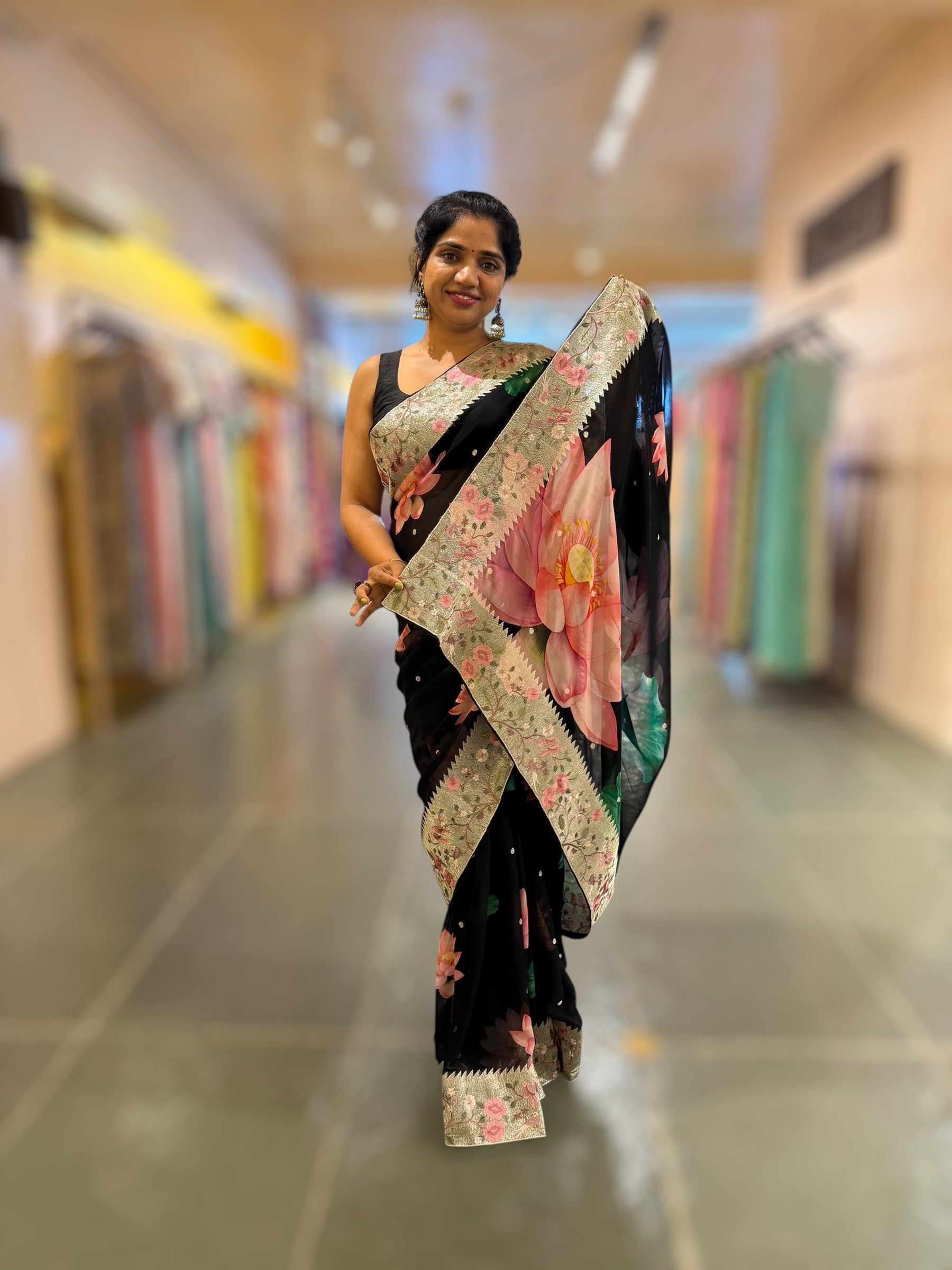 Black Printed Gorgette Saree With Tissue Embroider Border