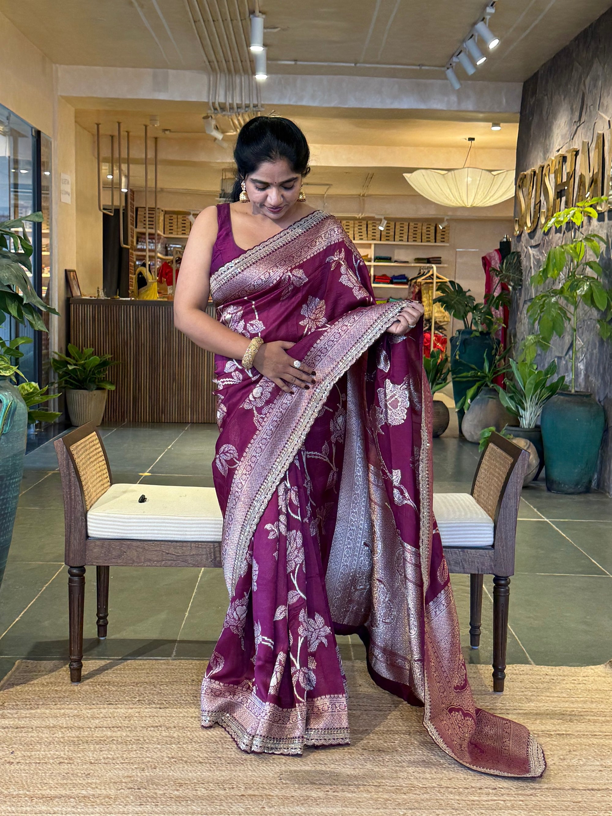 Wine Tussar Khaddi Saree with Allover weaving and sabhyasachi borders STKM15
