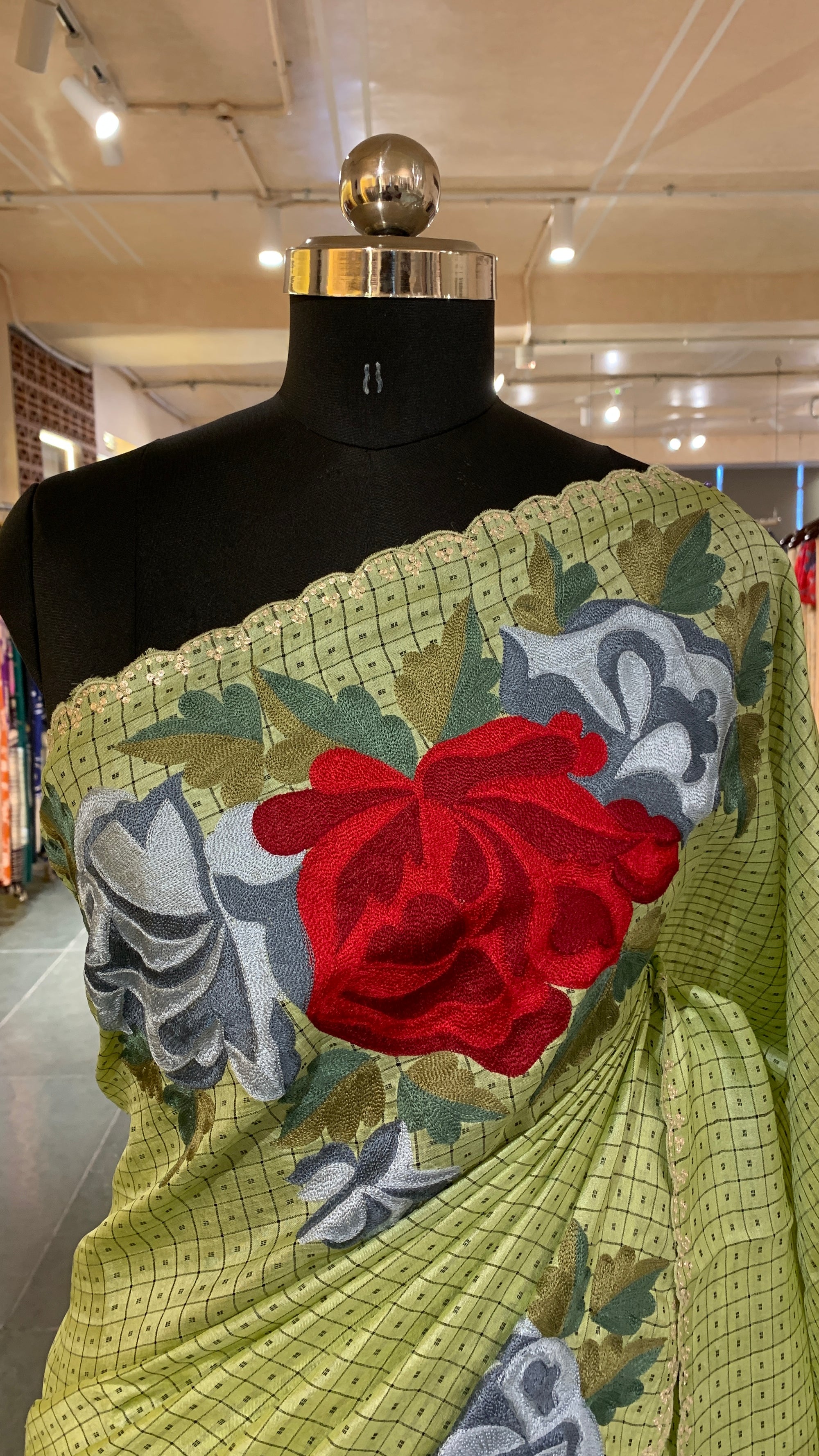 Apple Green/ Mint Tussar Saree with statement Floral Placement Embroidery