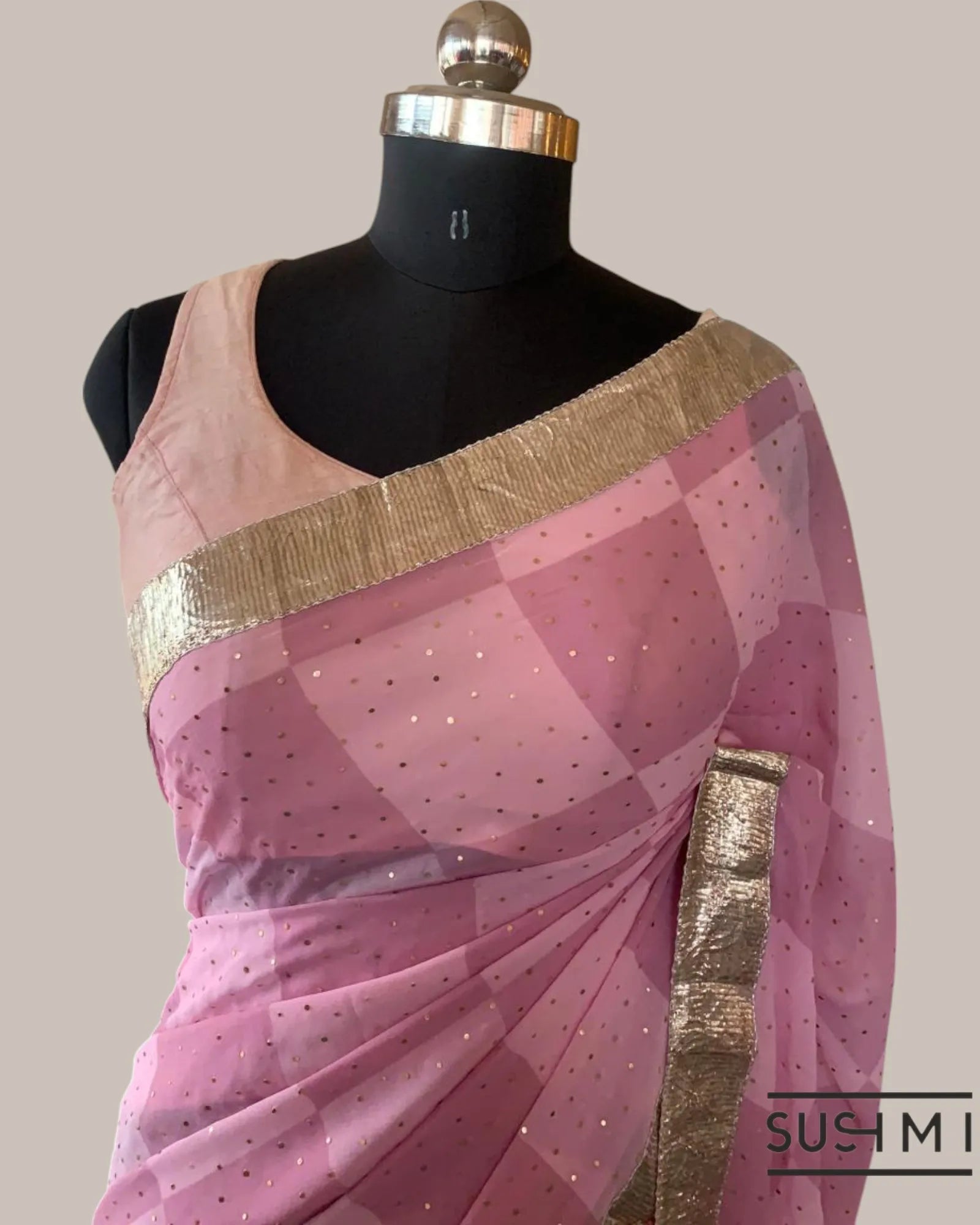 Pure Gorgette Saree in Checks Pattern , Allover Seuence & Hemlined Wth Gota lace