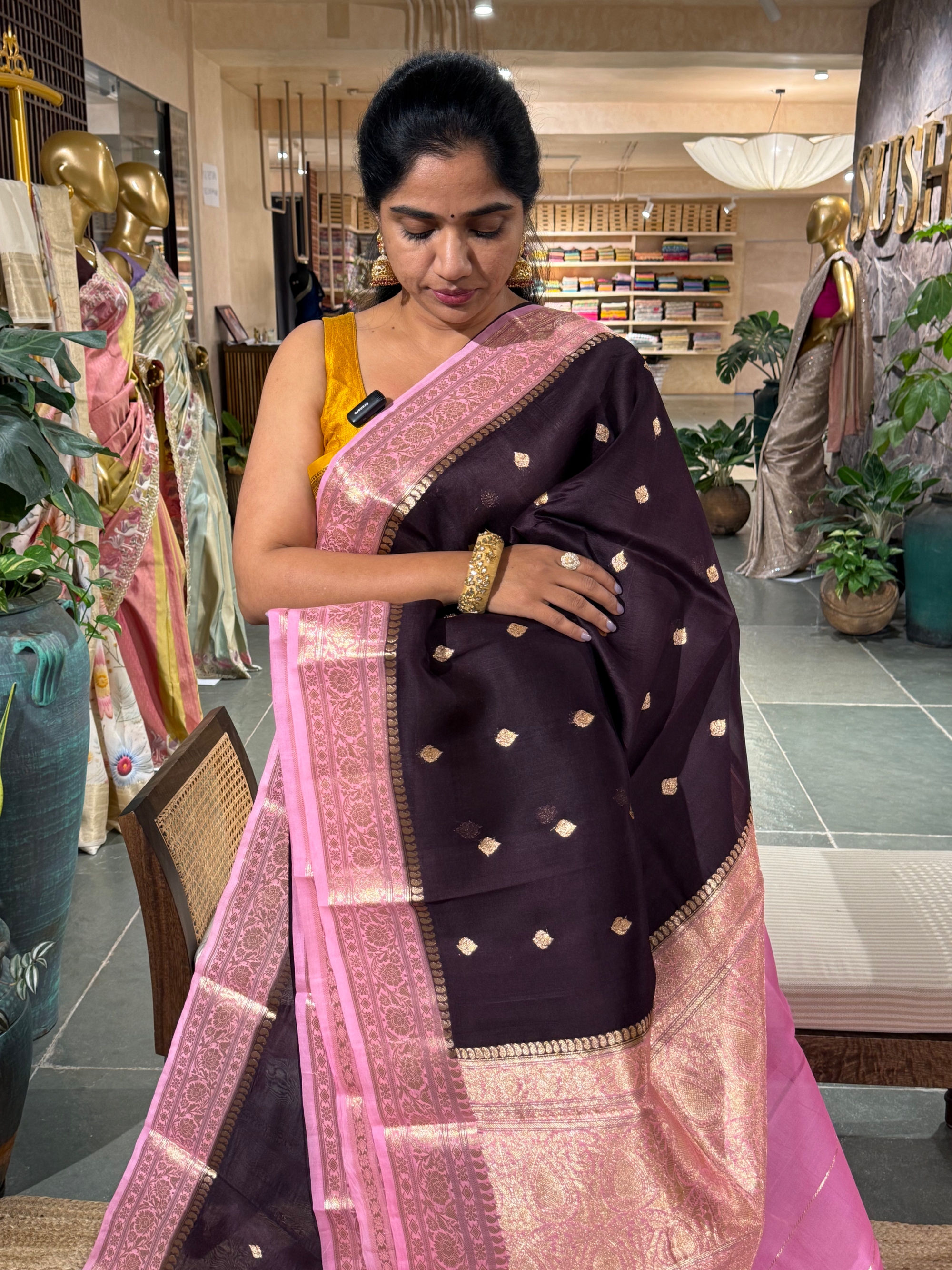 Winish Brown & Pink Combo Pure Handloom Kora Banarasi Saree n