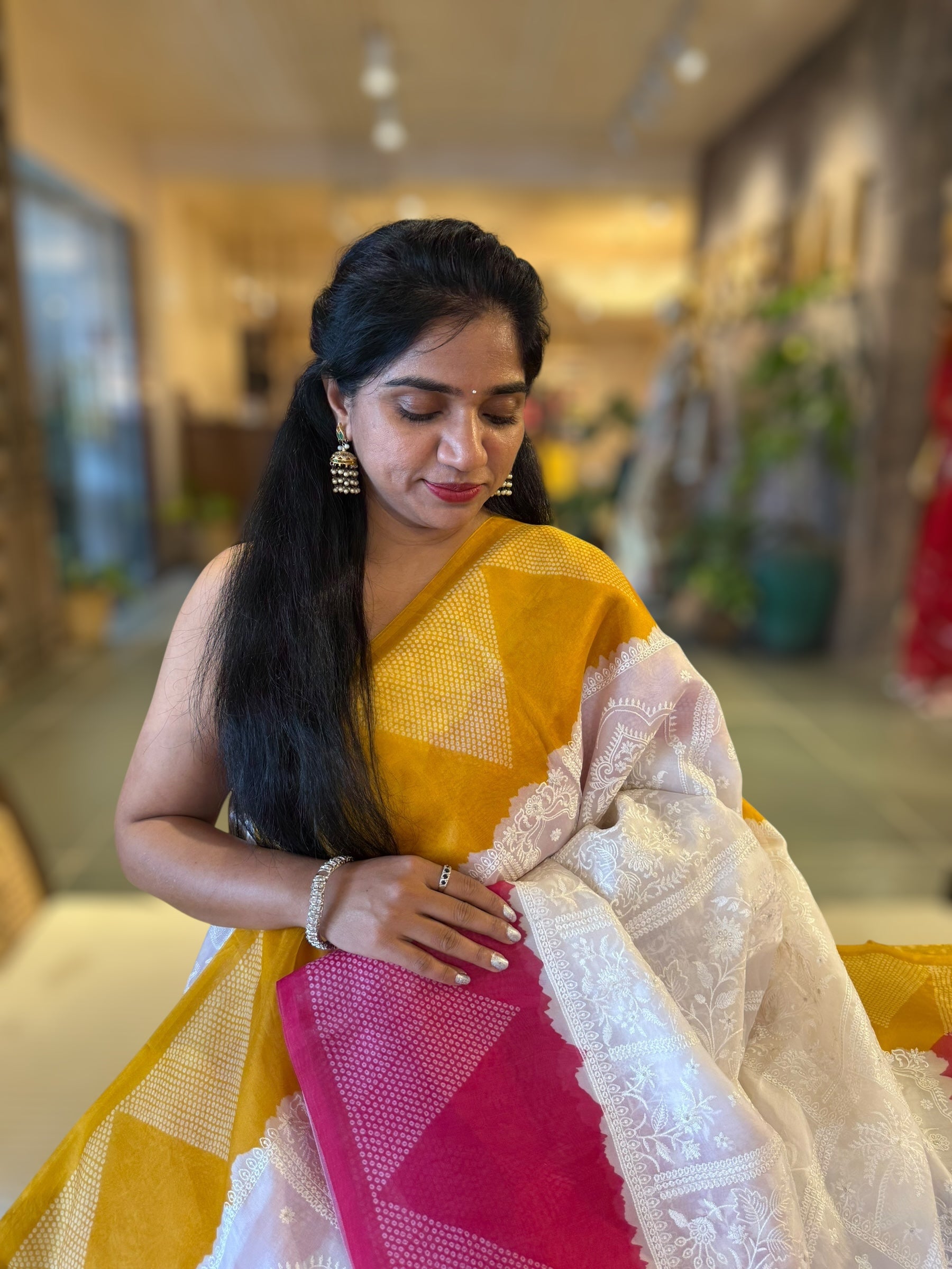 Organza Chikankari Embroidery Saree With Ganga Jamuna Bandhini Temple Borders