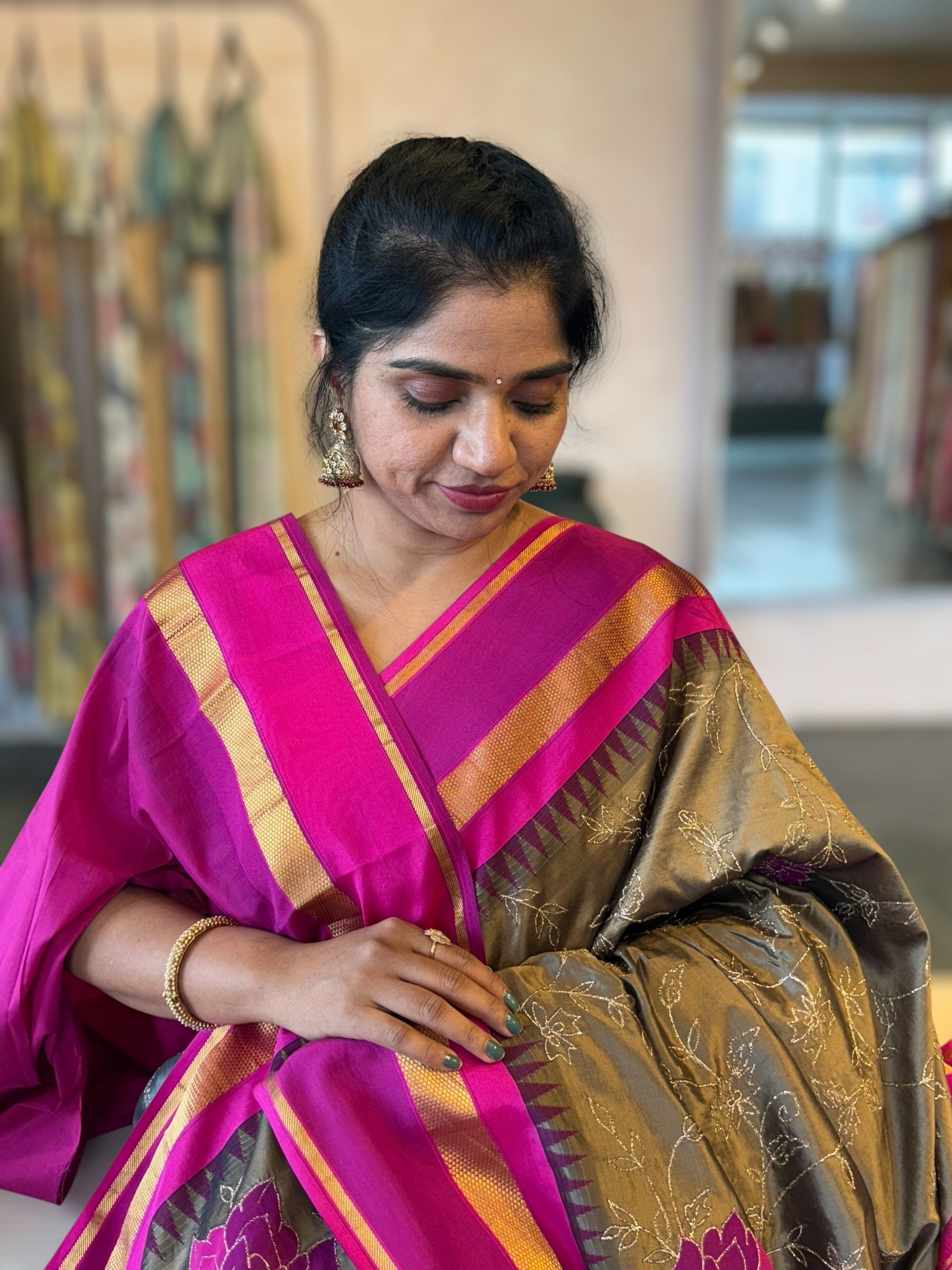 Metallic Bronze Kanchi Silk Saree in With Allover Pita & Applique work