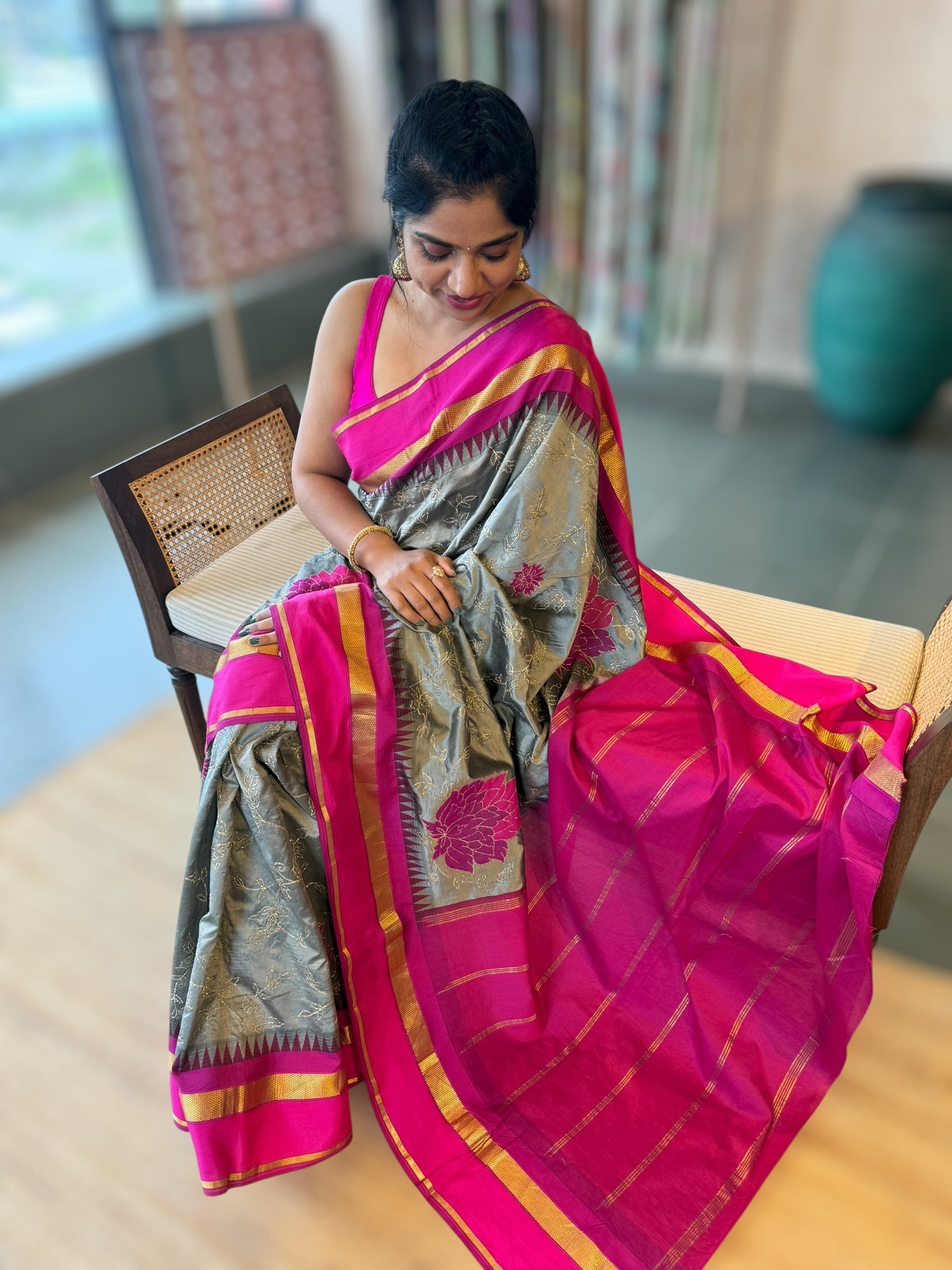 Silverish Grey Kanchi Silk Saree in With Allover Pita & Applique work