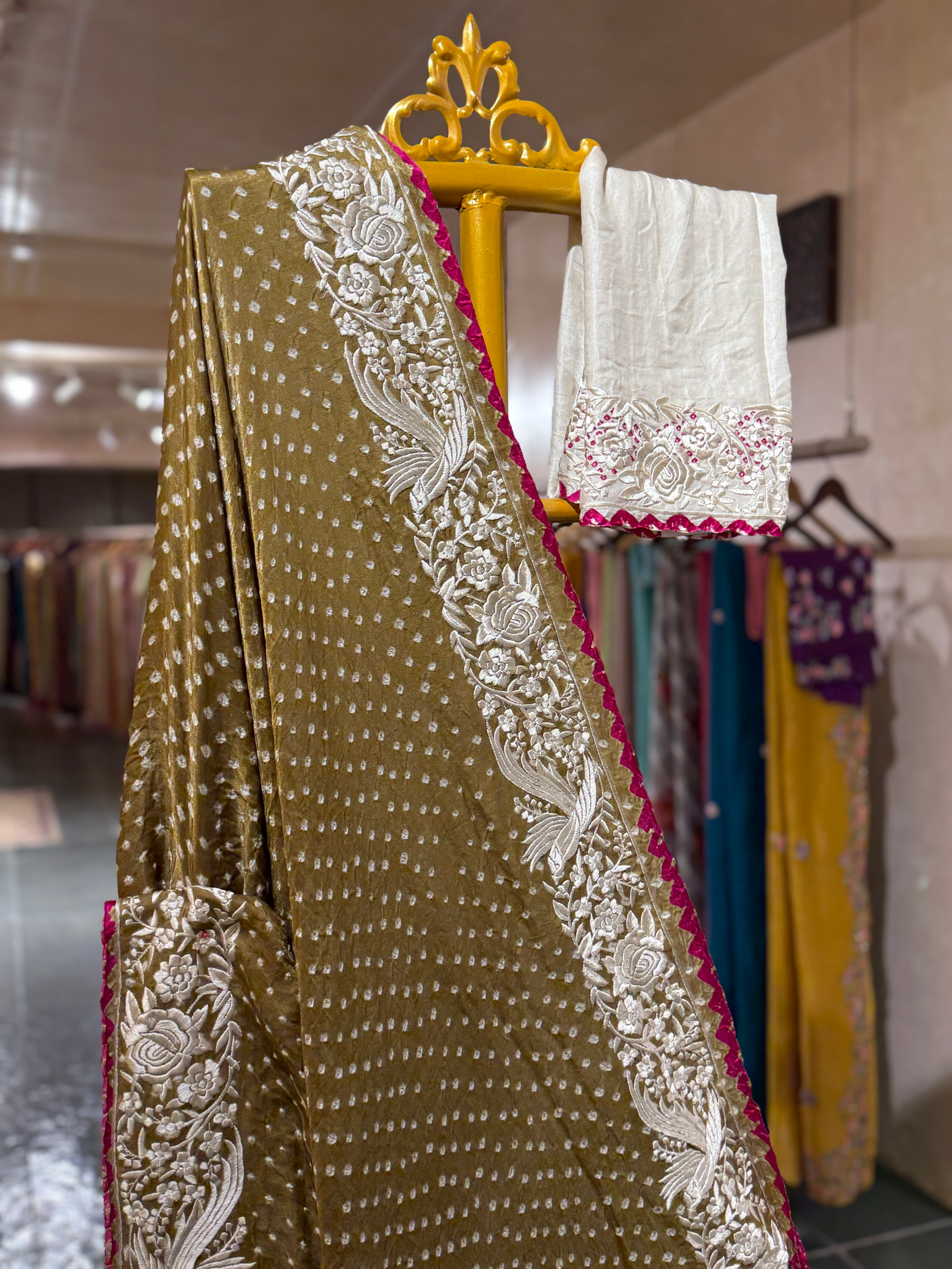 Neon Pink Pure Gajji Silk Kutch Bandhej Saree with Parsi Gara Embroidery