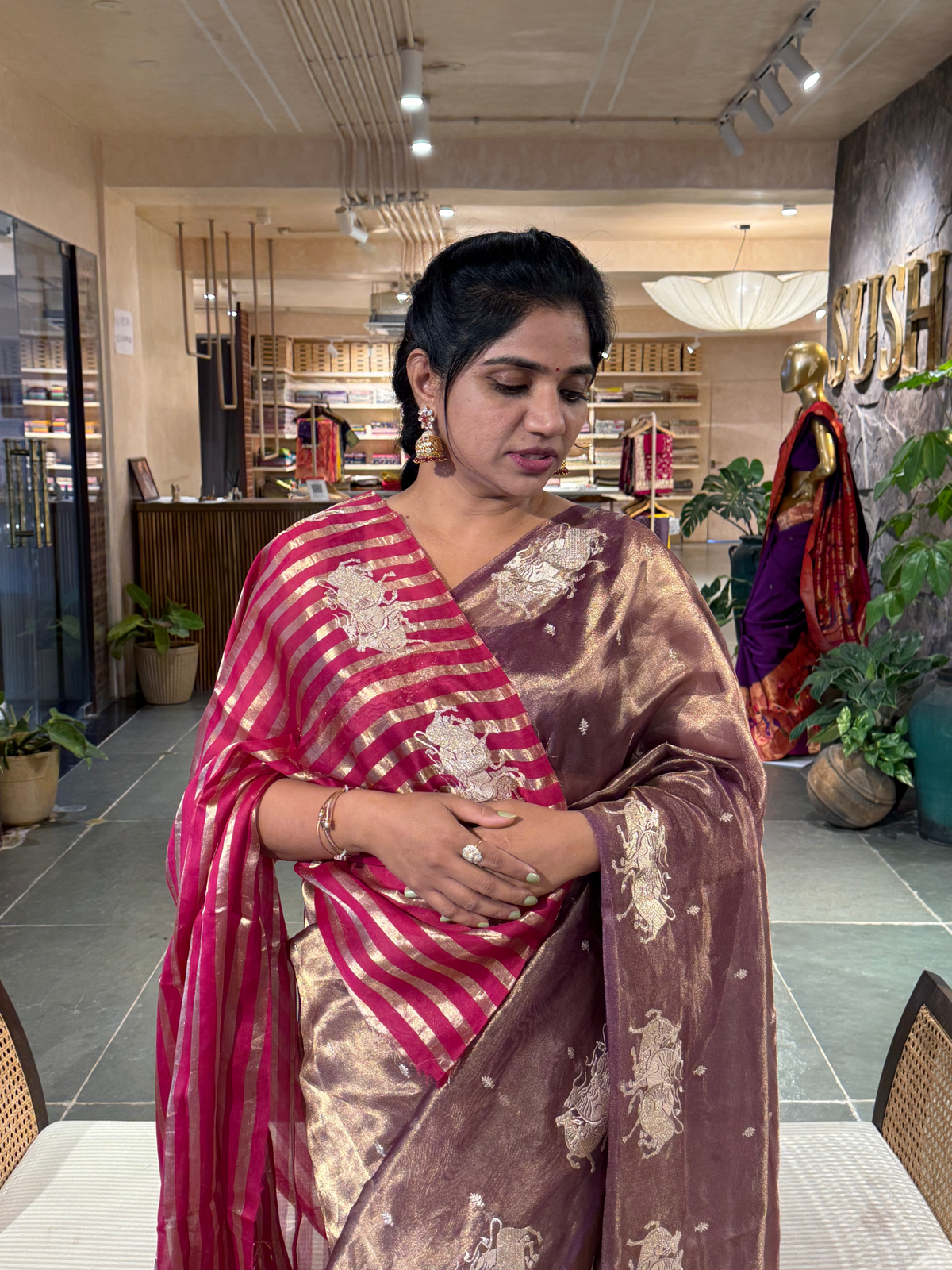 Purple Tissue  Saree with  Nandi Embroidery &amp; Stripes Tissue  Blouse