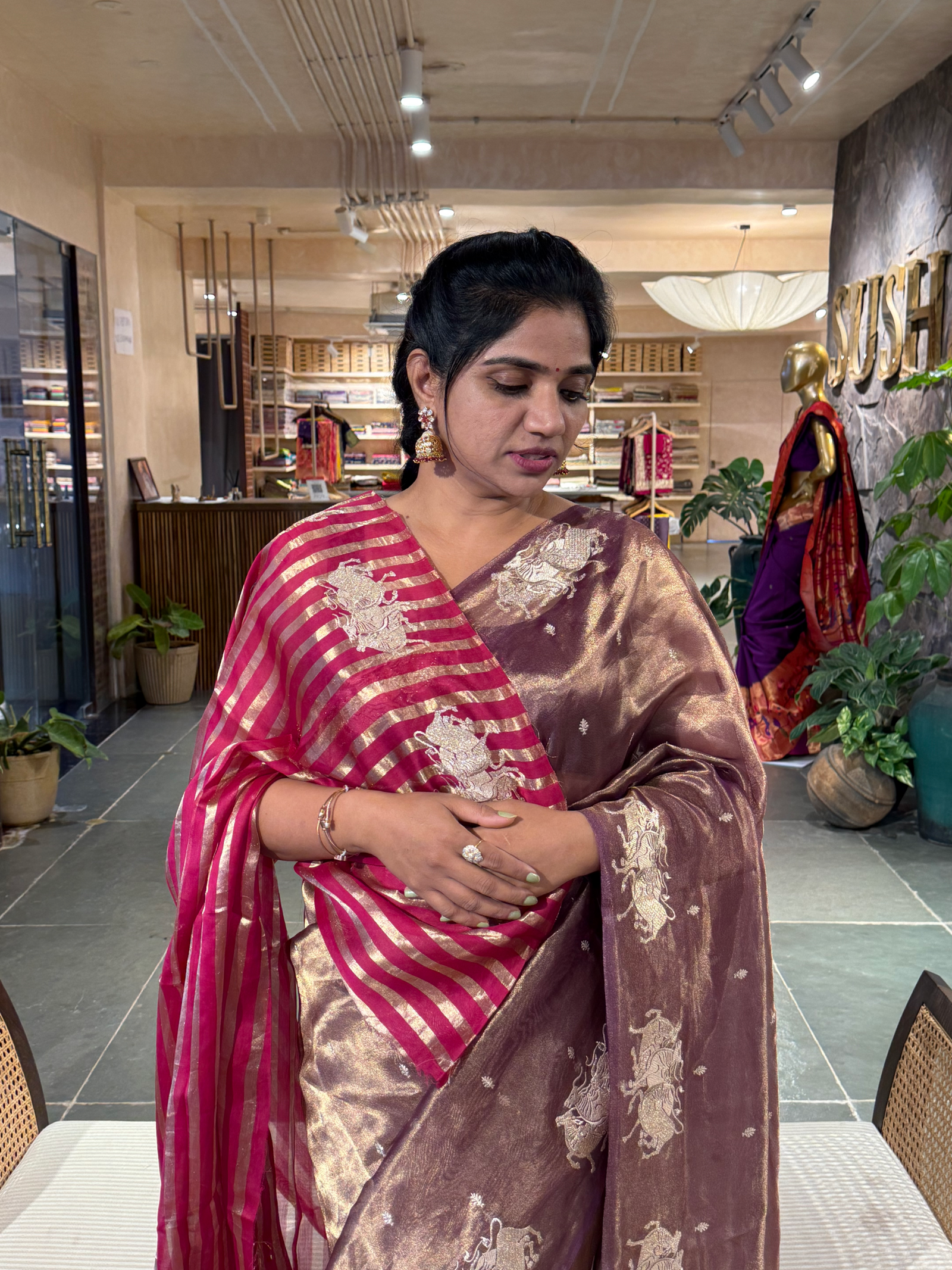 Purple Tissue  Saree with  Nandi Embroidery & Stripes Tissue  Blouse