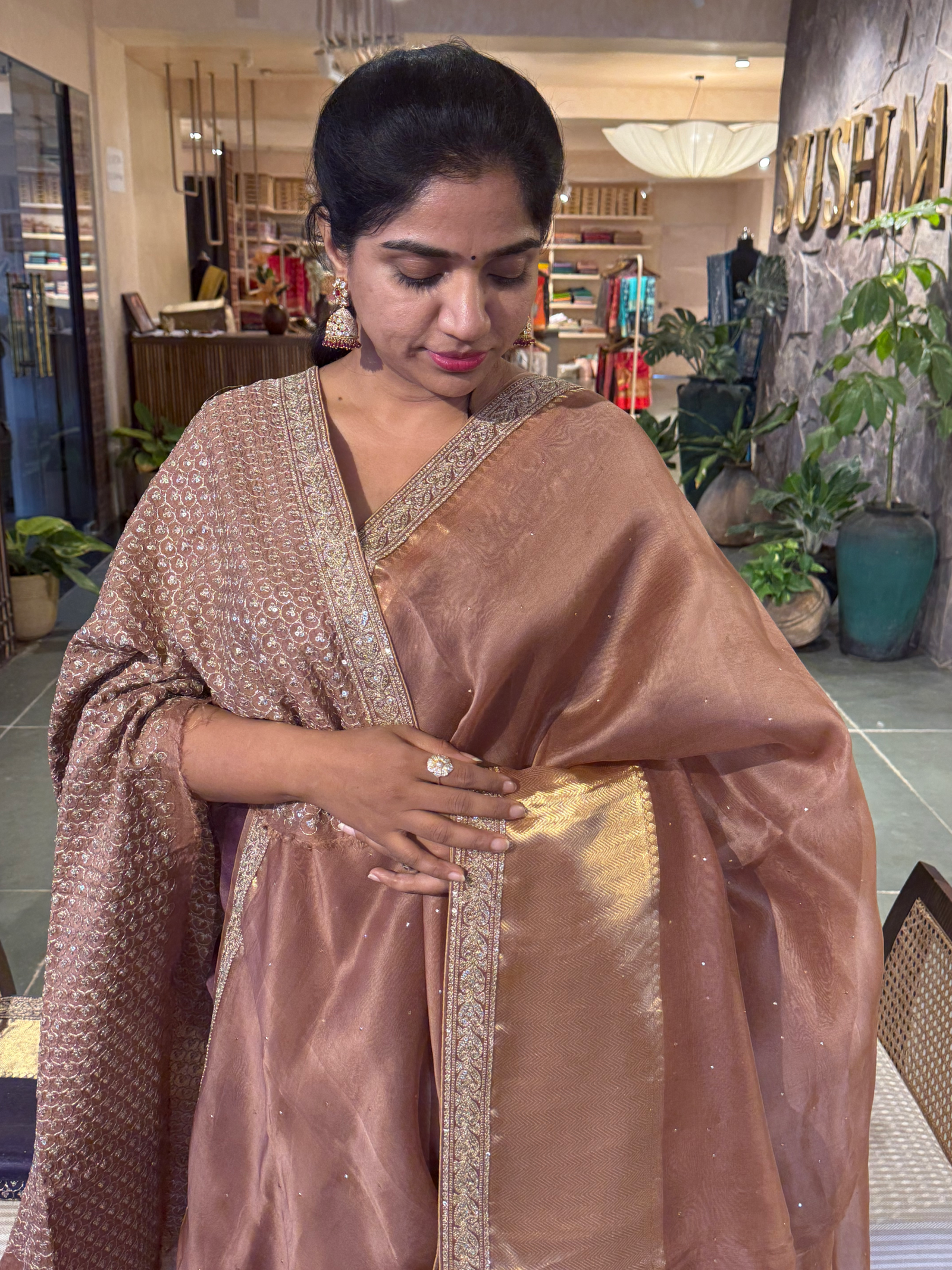 SK1091413ORG: Dusty Light Brown Kanchi Kora Saree with allover mukaish handwork