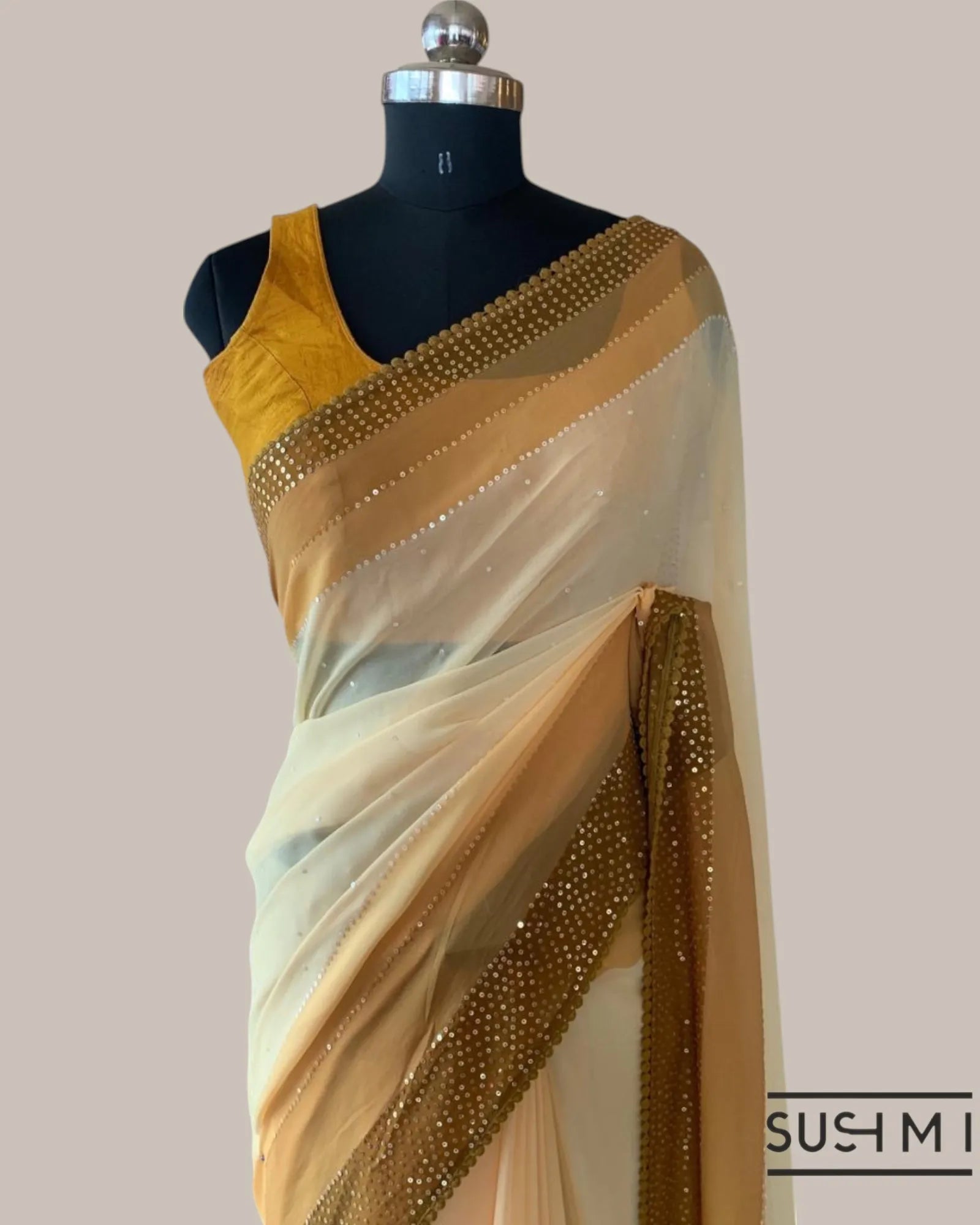 Light mustard Pure Gorgette Saree With Shaded Sequnce Border
