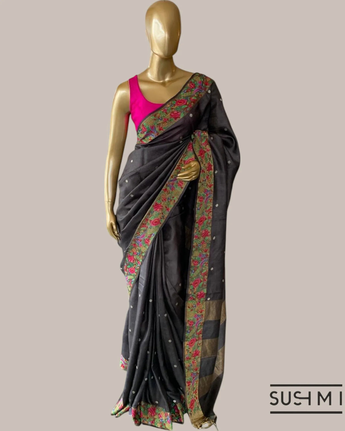 English Brown Pure Tussar Saree with allover golden zari buti and Petite Point