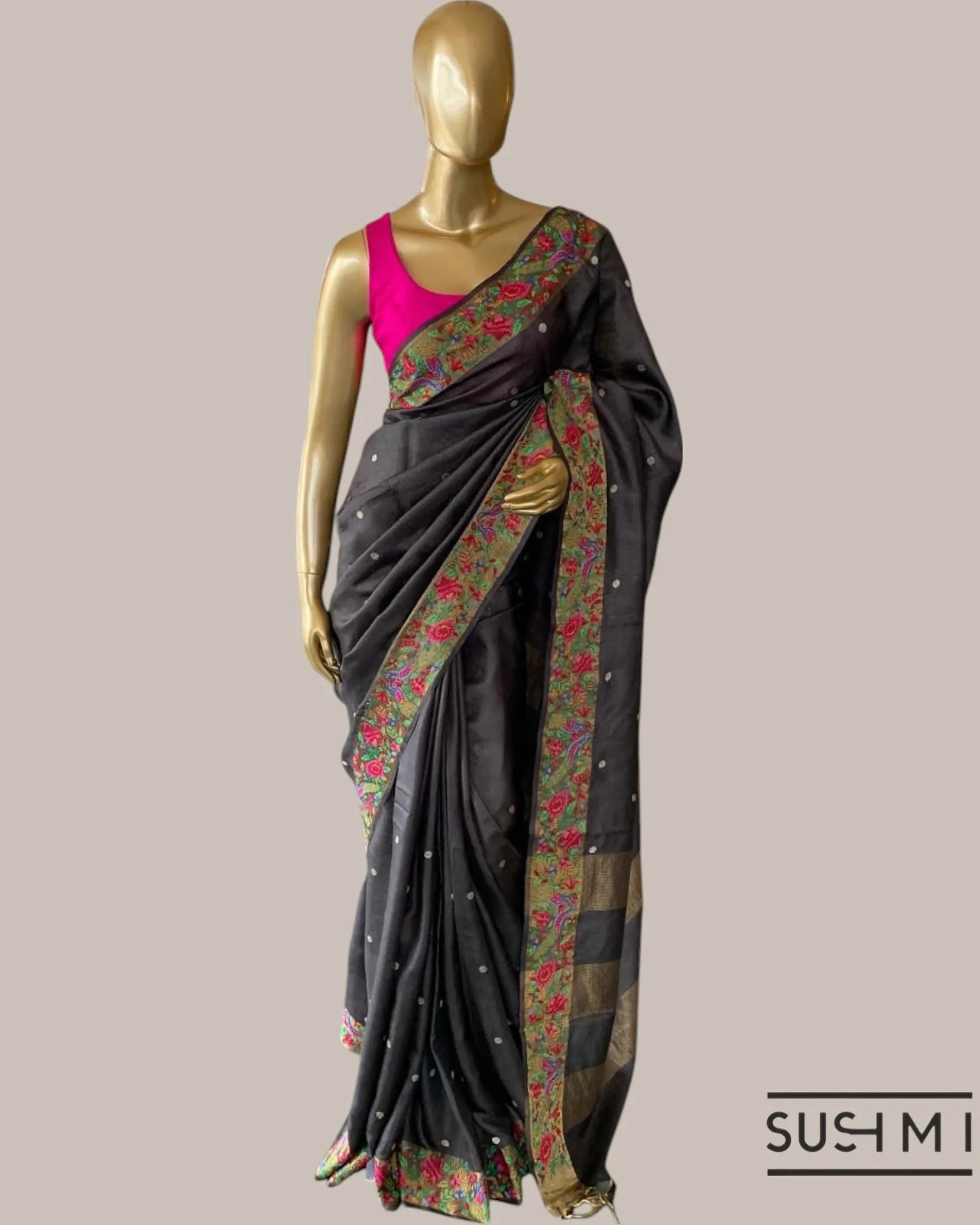 English Brown Pure Tussar Saree with allover golden zari buti and Petite Point