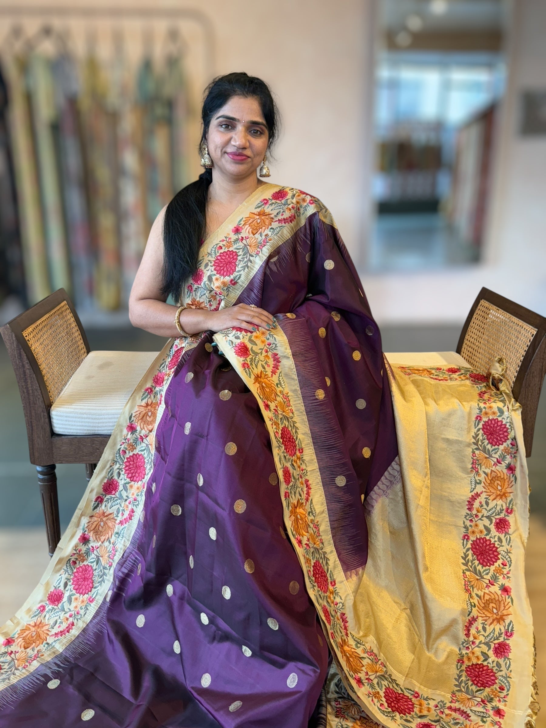 Wine Kanchi Silk Saree in With Petite Point  Embroidered Border