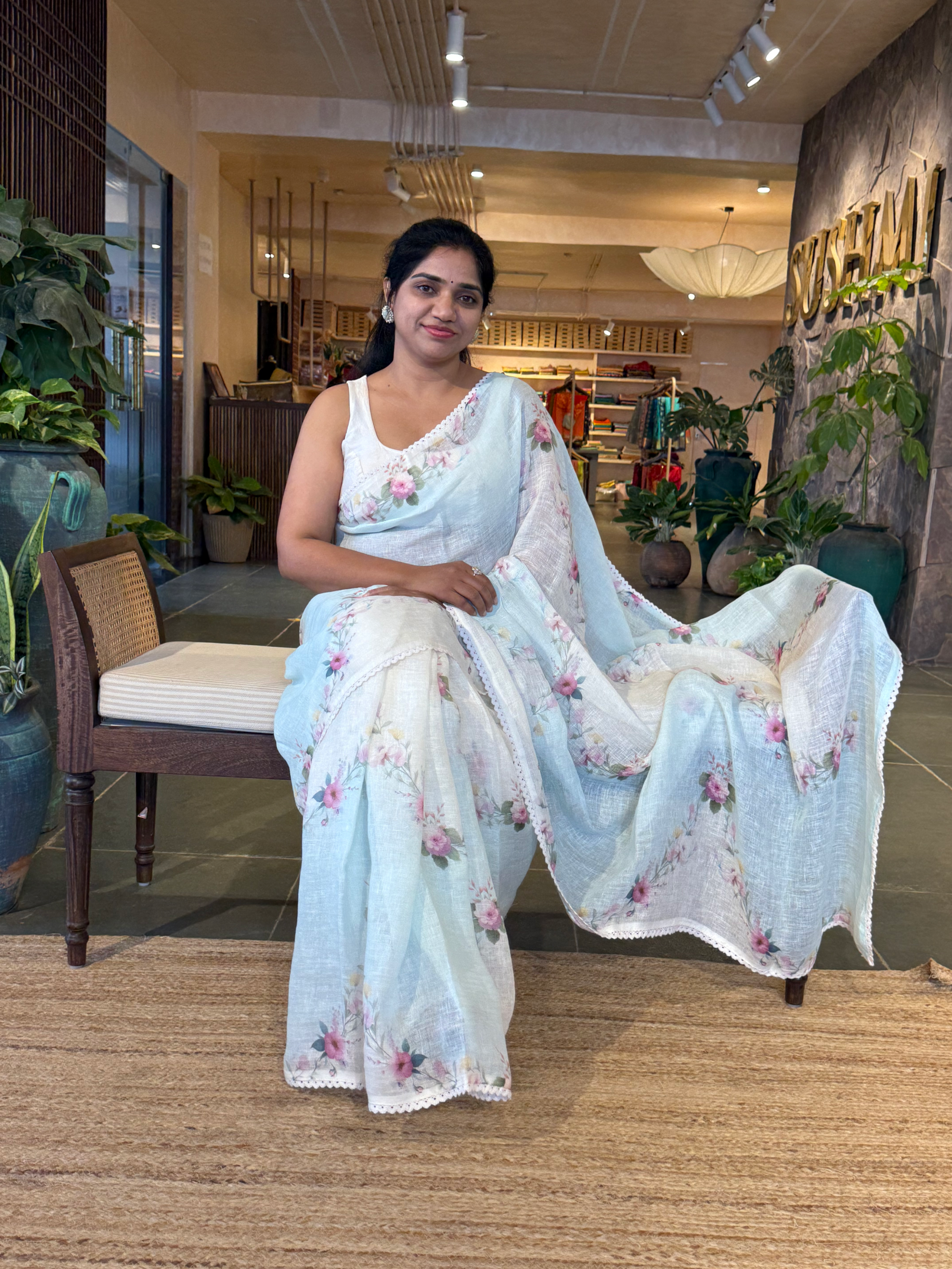 Skyblue Pure Handloom Linen Printed Saree in Lehariya Style