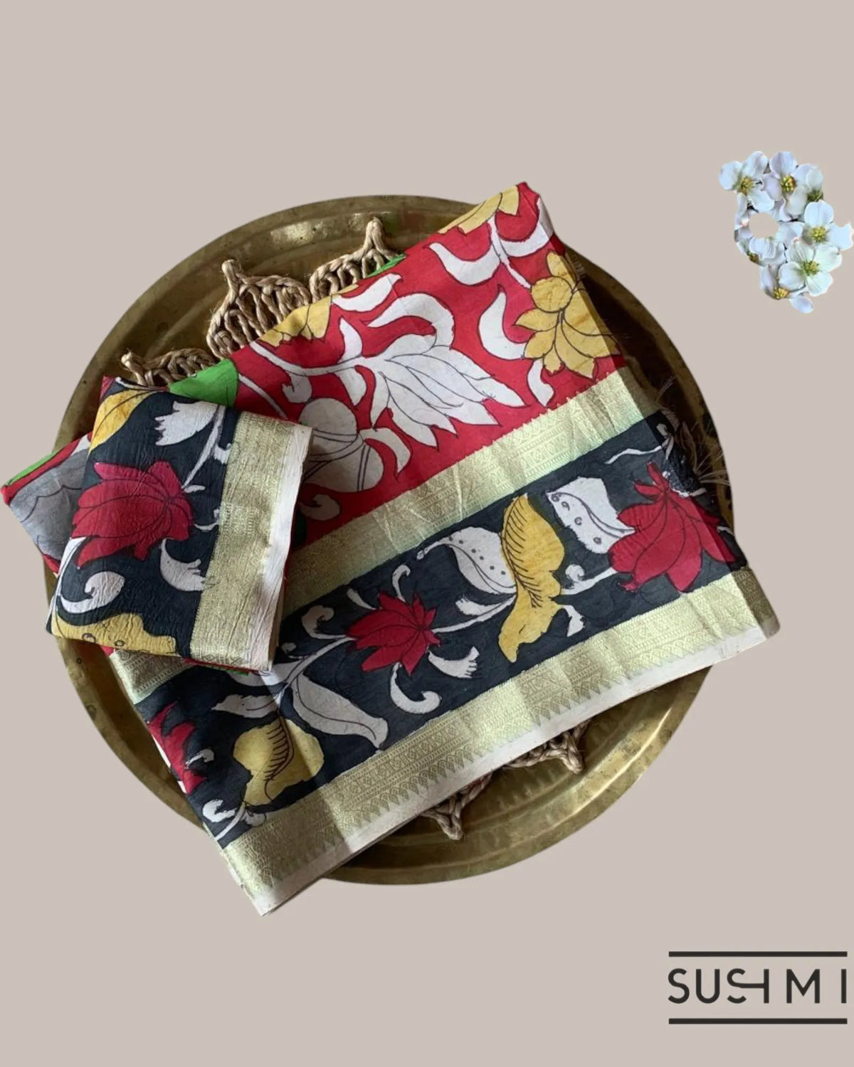 Red Kanchi Pen kalamkari handpainted saree with heavy borders