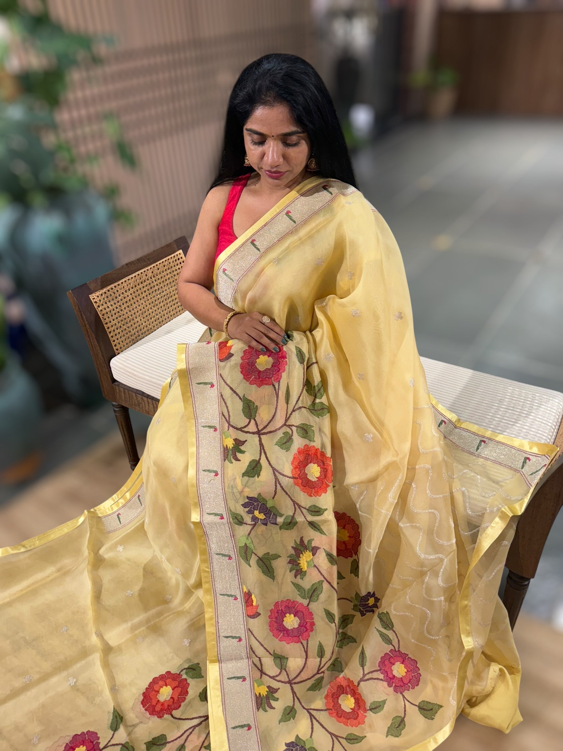Pastel Yellow Organza Silk Saree With Jamdani Inspired Embroidery