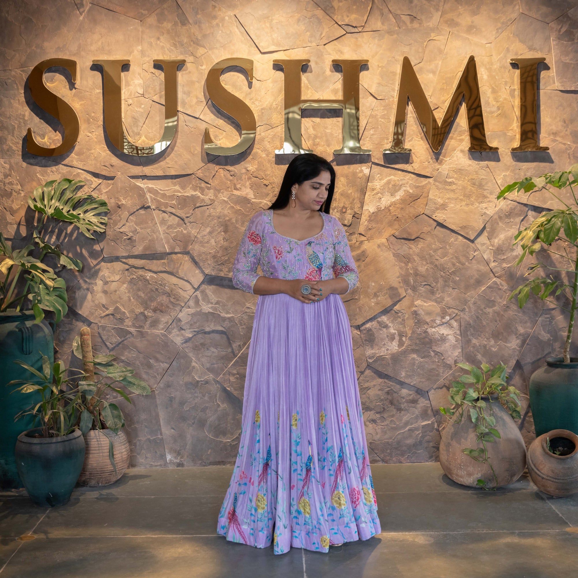 Pure Chinnon Printed Long Frock with handwork yoke