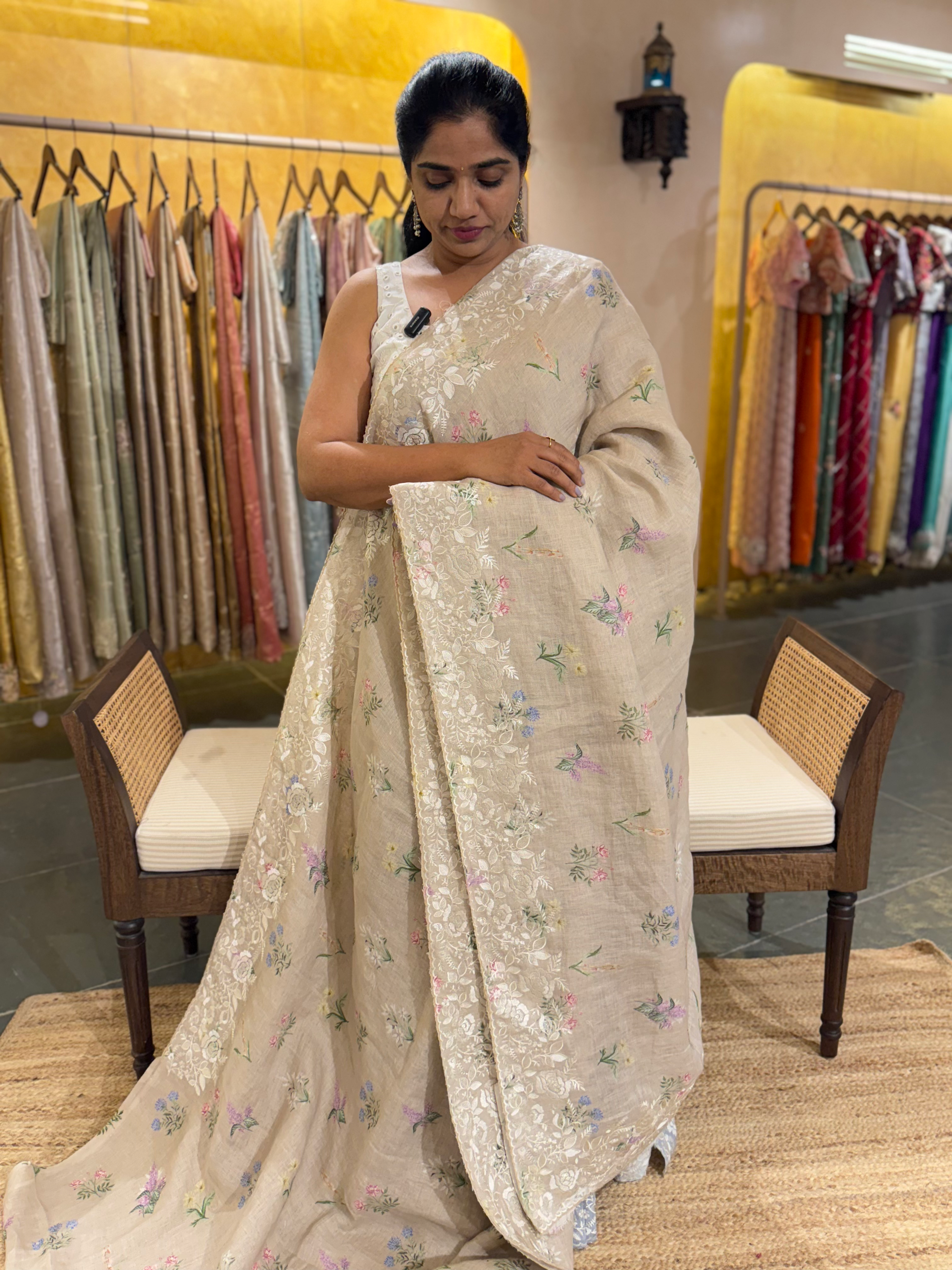 English Tone Pure Handloom Lenin Print Saree With  Parsi Gara Style Embroidery
