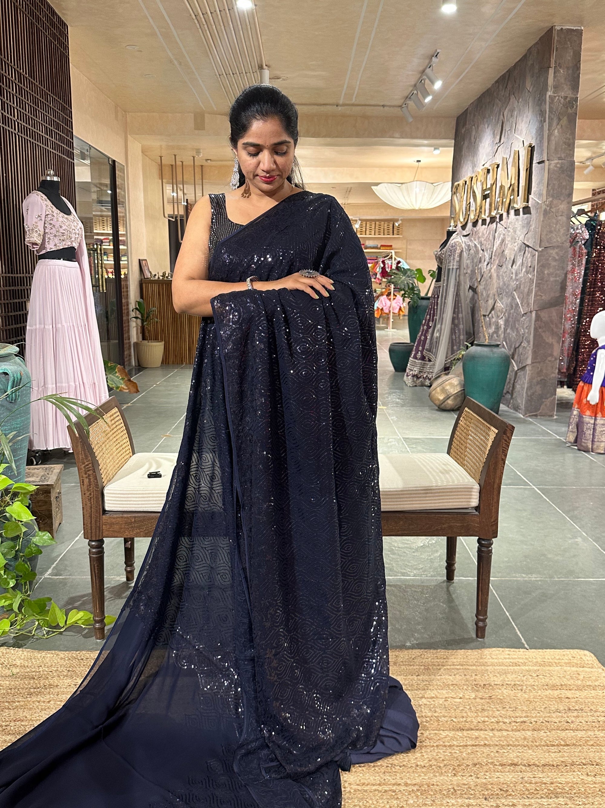 Midnight Blue Gorgette Sequence Saree