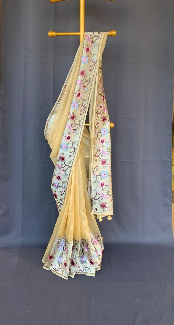 KTPA1413 Besan Yellow Kota Tissue Stripes Saree wth Tissue Pythani Skirt Border