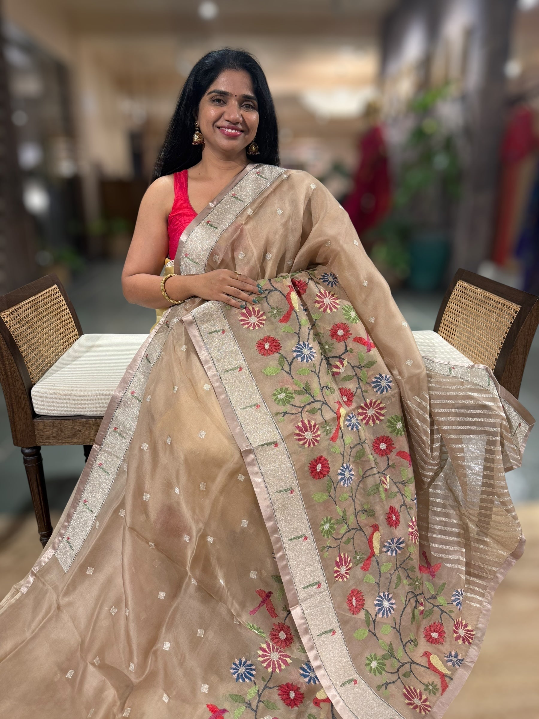 Pastel Emglish Brown Organza Silk Saree With Jamdani Inspired Embroidery