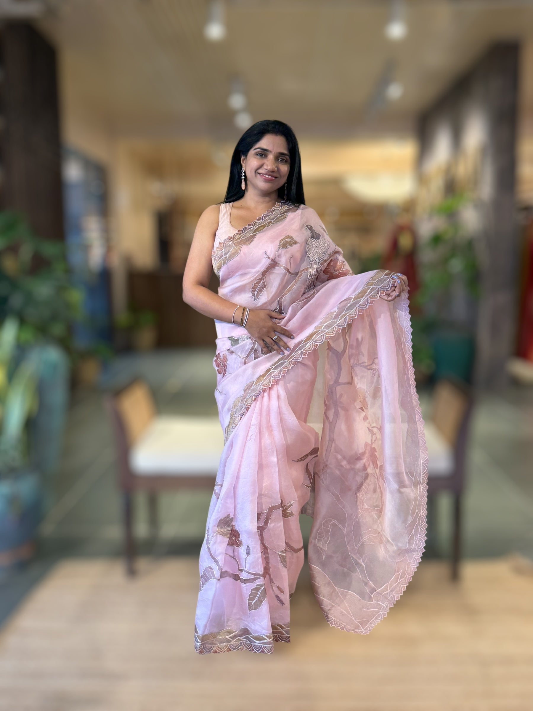 Rose Pink Pure Organza Saree with one of a kind Tissue Applique work allover