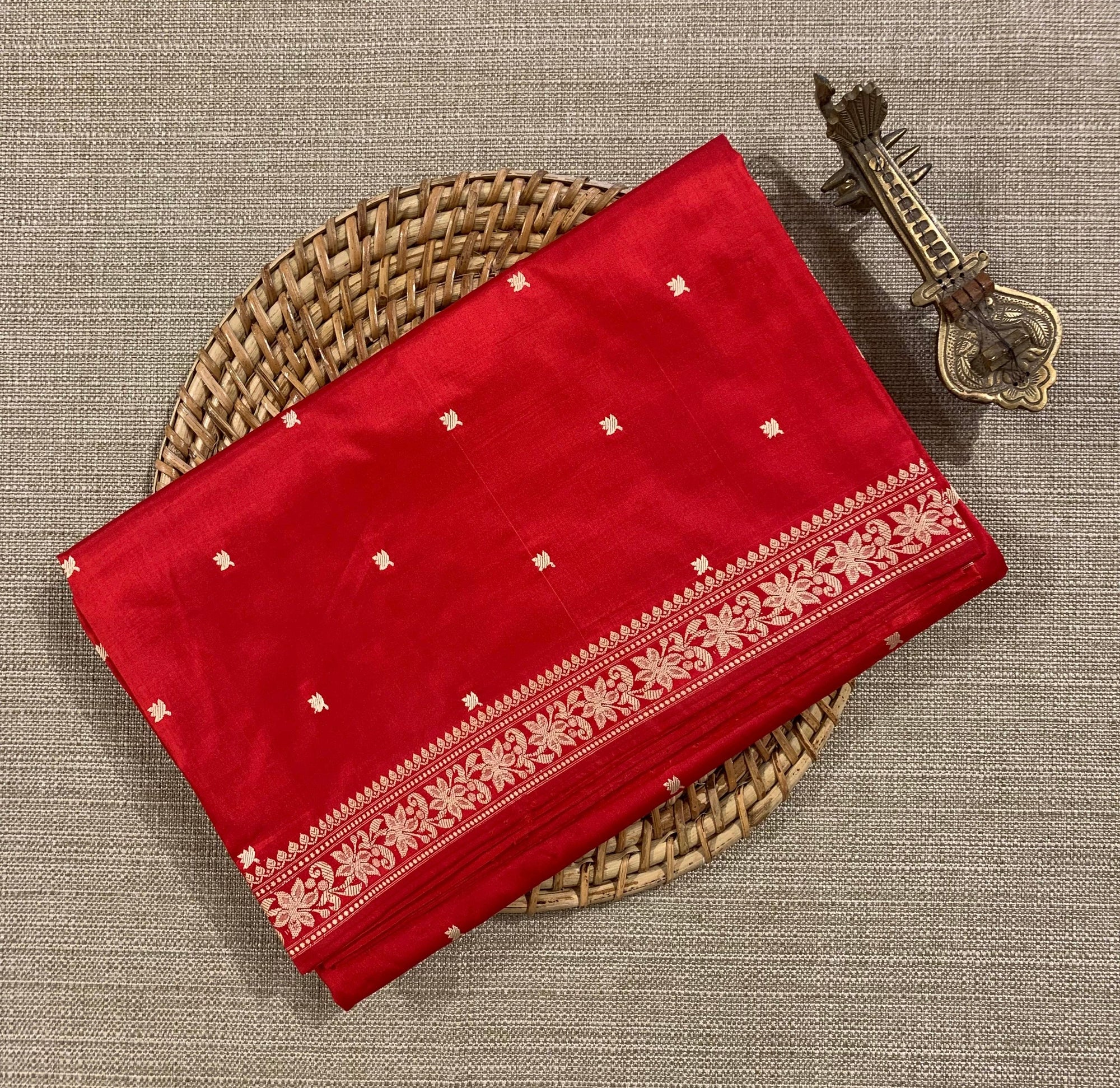 Orangish Red Banarasi Handloom Katan Silk Saree  With Resham Weaving