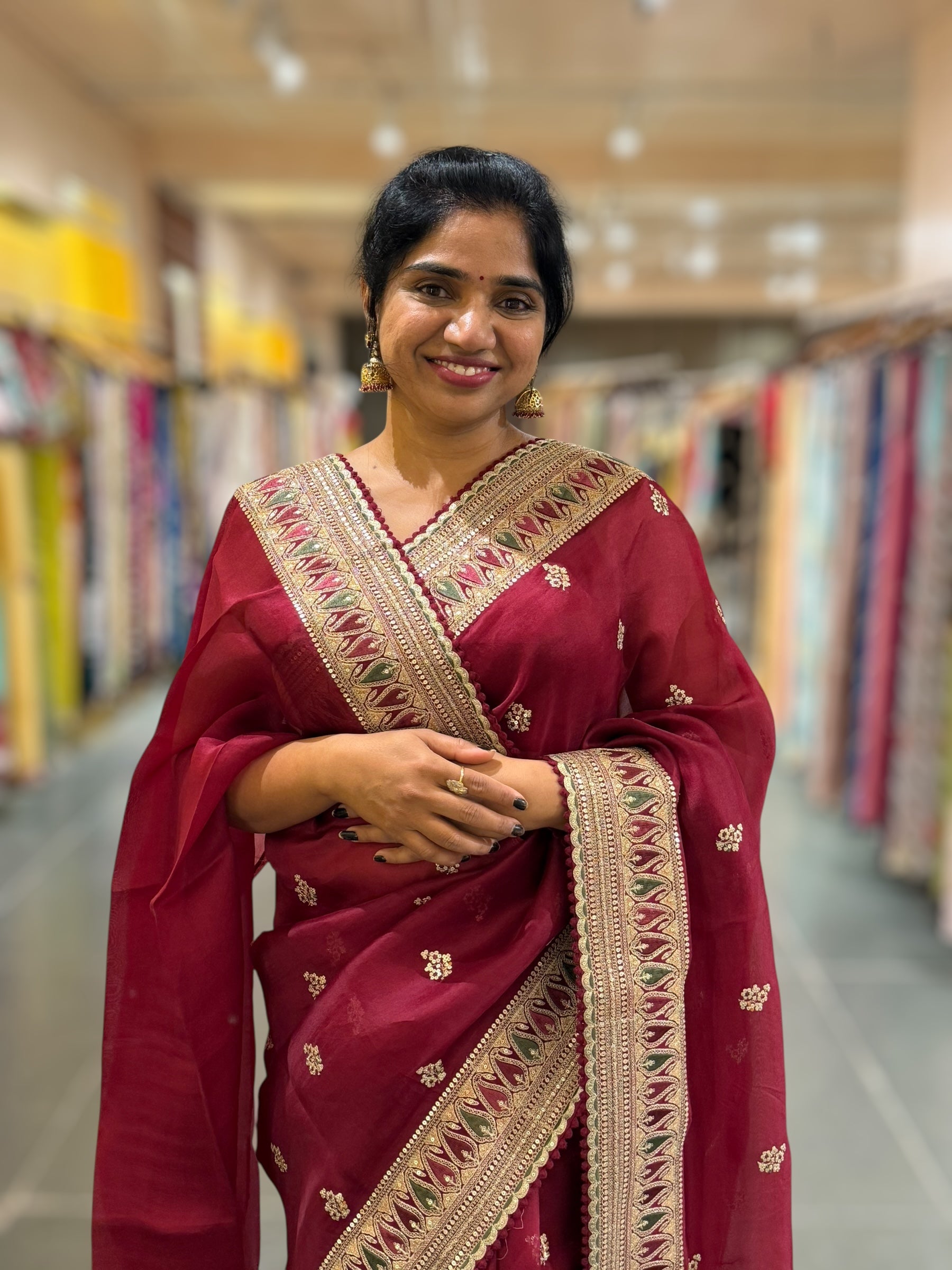Luxe Brgundy Organza Saree with Sabyasachi-Inspired Border & Blouse