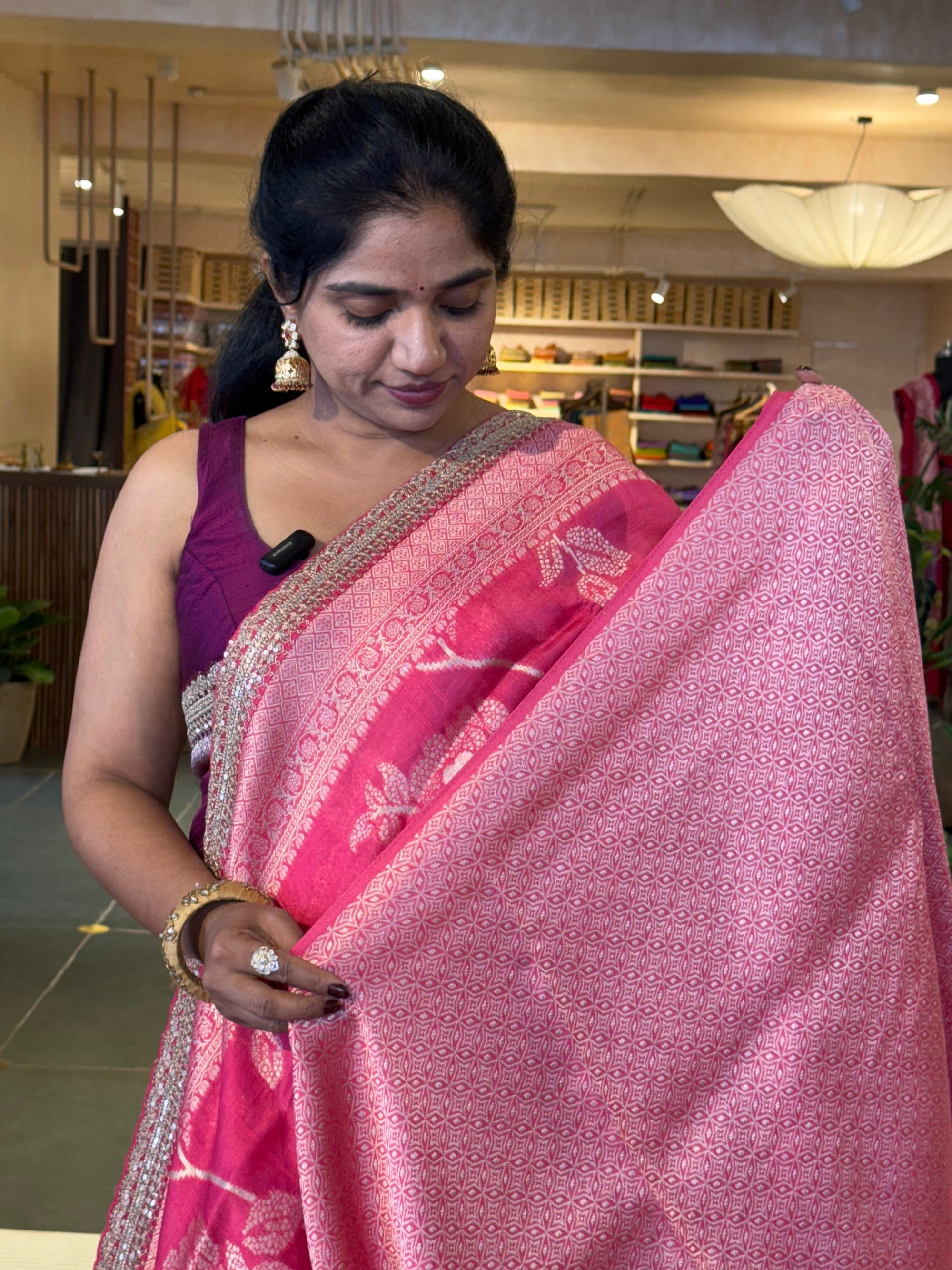 Hot Pink Tussar Khaddi Saree wth Allover weaving & sabhyasachi borders STKM15