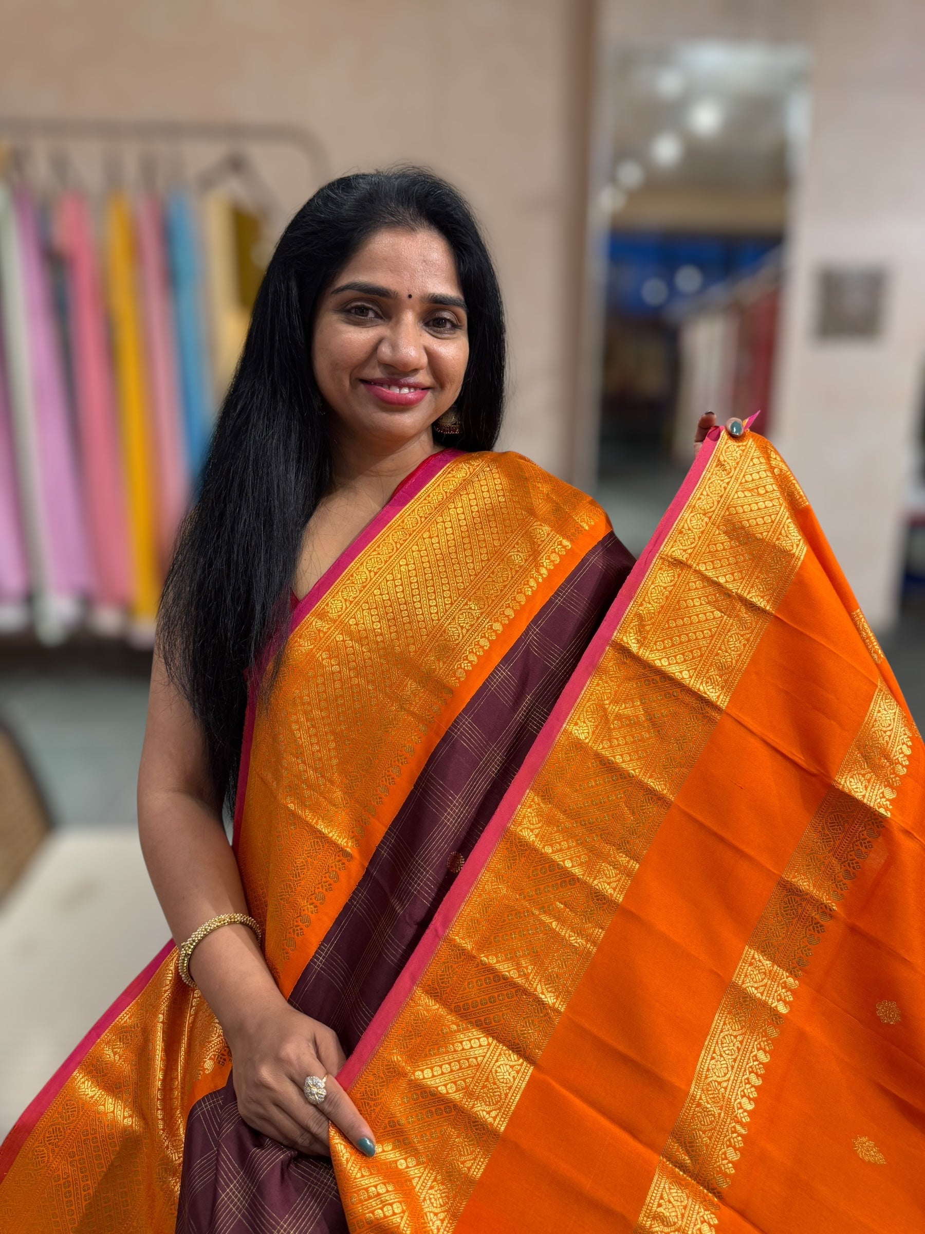 Brown & Orange Combo Pure Handloom Gadwal Kanchi Saree with Gap Borders r