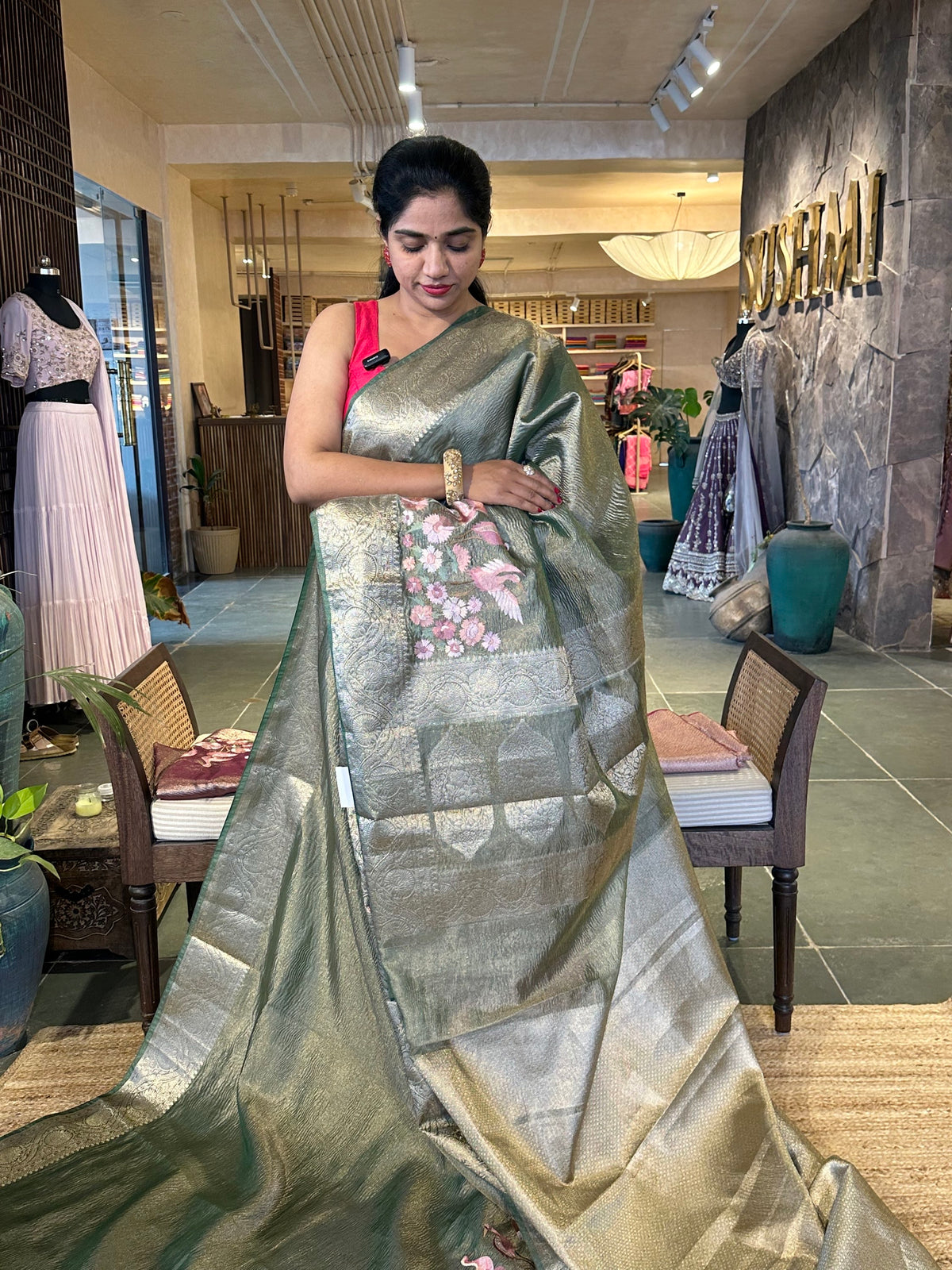 Green Crush Tissue Saree with traditional and embroidered borders