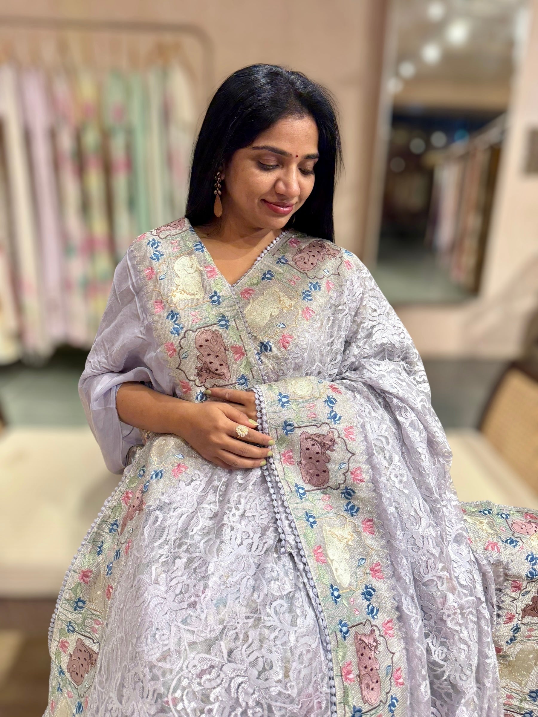 Light Lilac Chantilly Lace Saree With Tissue Nandi  Embroidered Border
